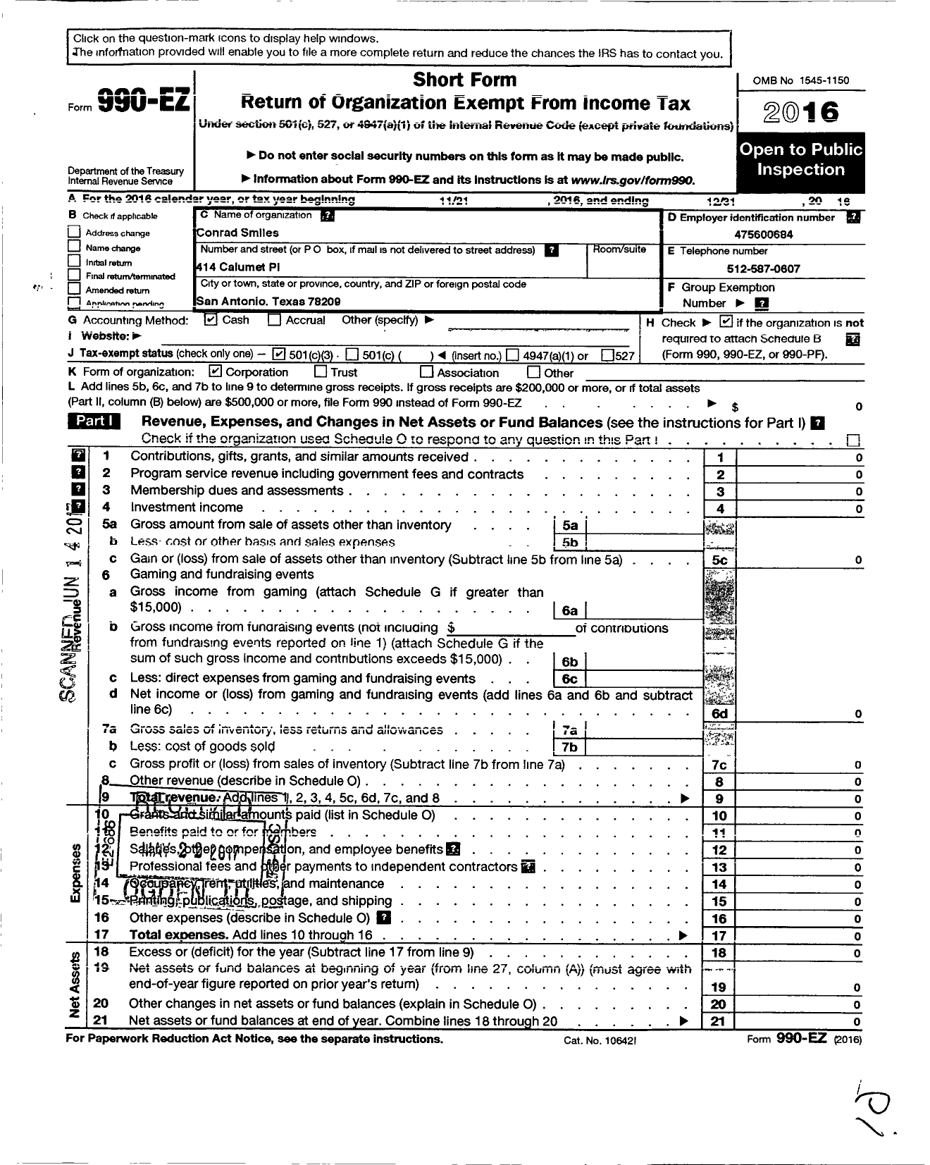 Image of first page of 2016 Form 990EZ for Conrad Smiles