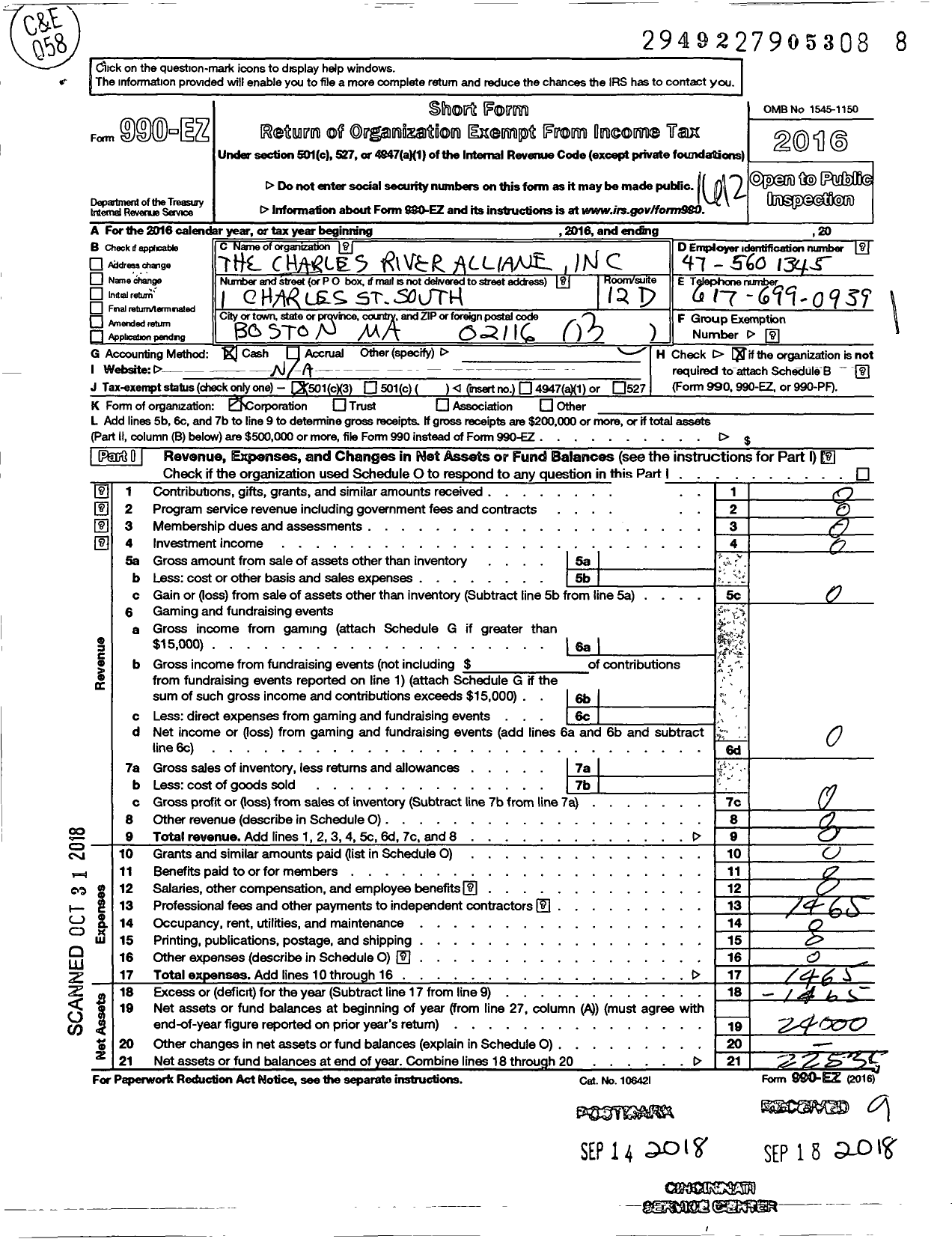 Image of first page of 2016 Form 990EZ for Charles River Alliane