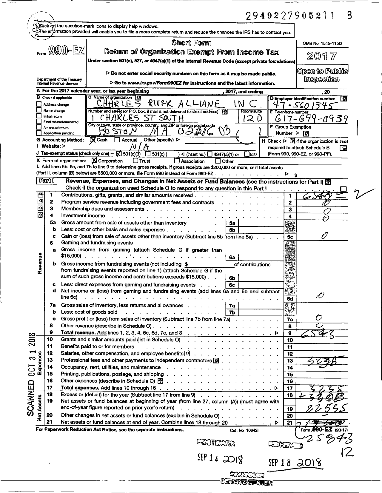 Image of first page of 2017 Form 990EZ for Charles River Alliane