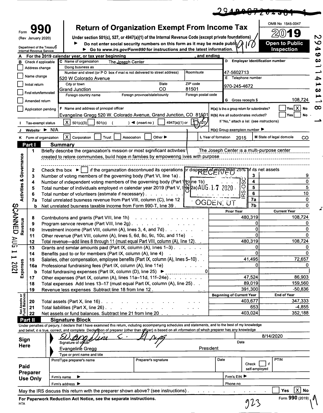 Image of first page of 2019 Form 990 for Joseph Center