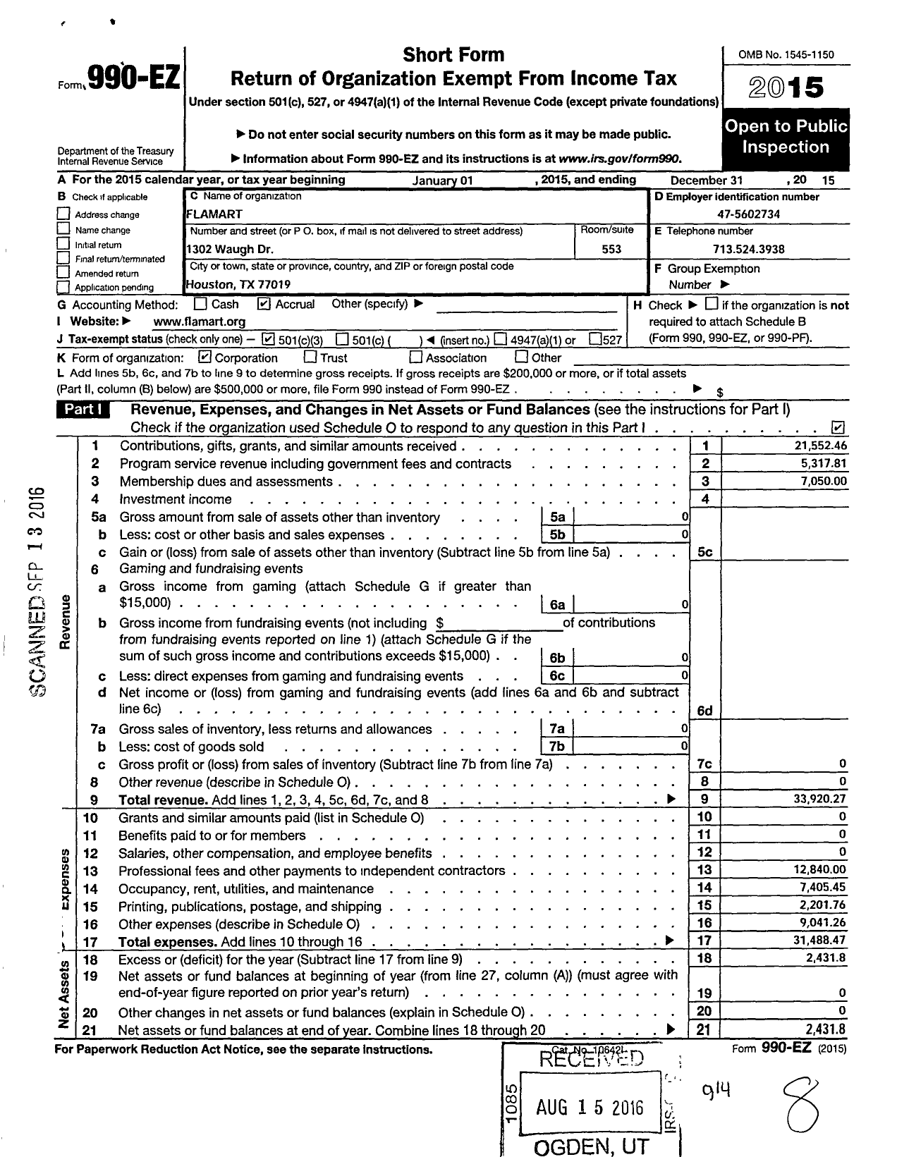 Image of first page of 2015 Form 990EZ for Flamart