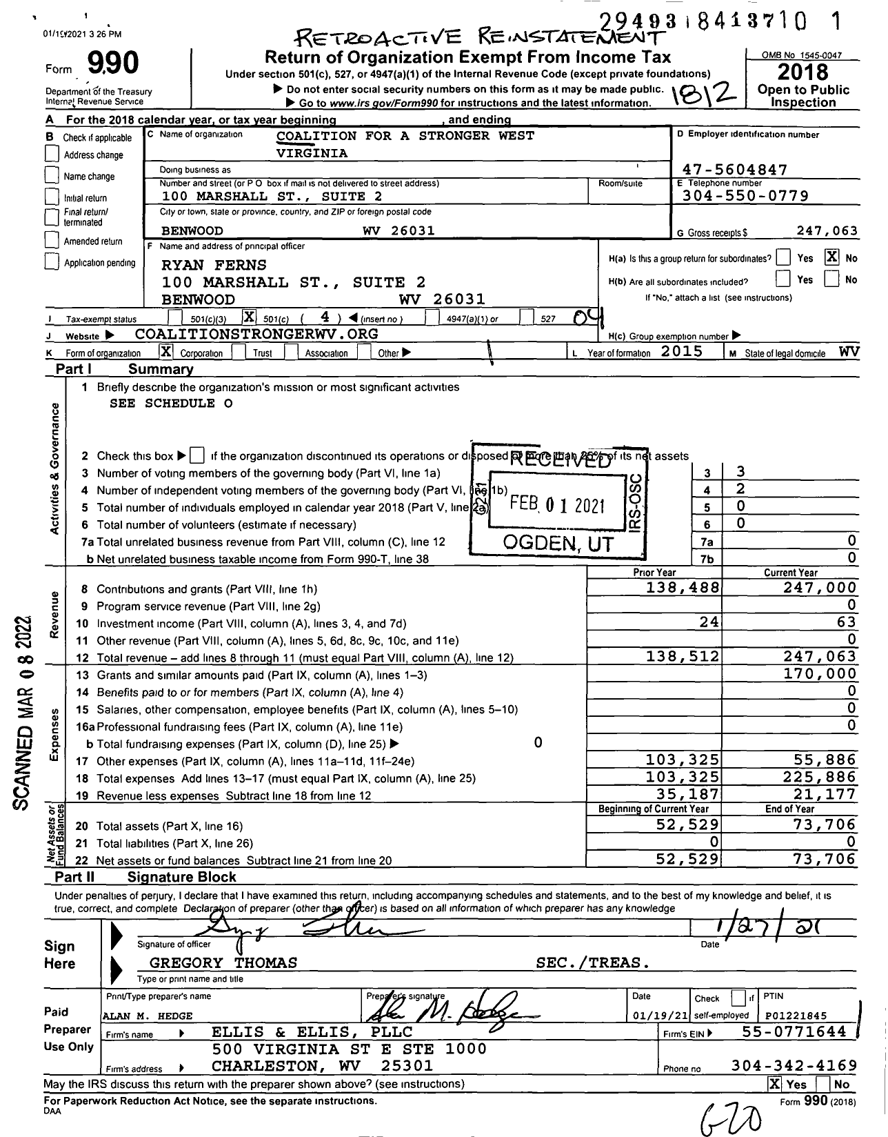 Image of first page of 2018 Form 990O for Coalition for A Stronger West Virginia