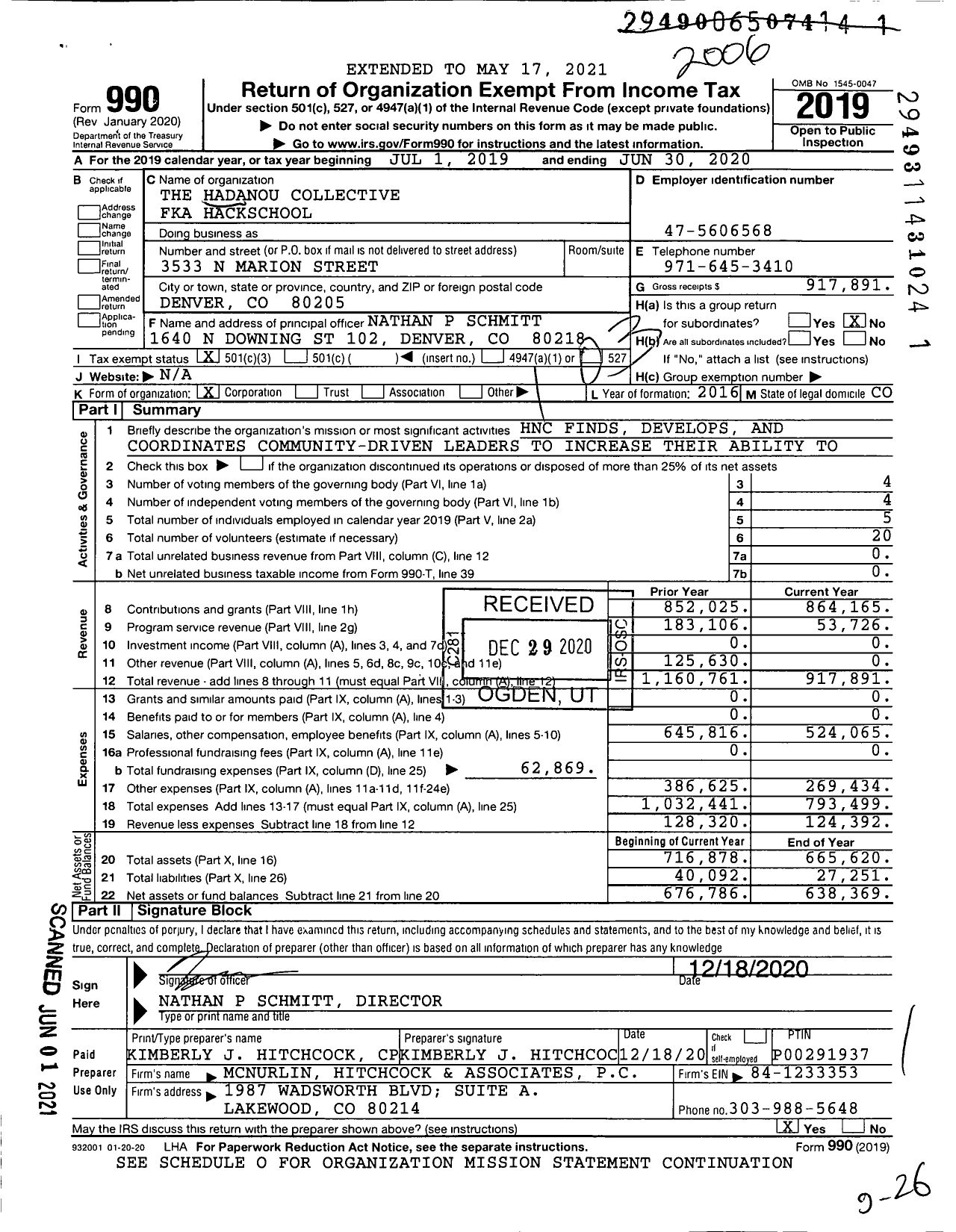 Image of first page of 2019 Form 990 for The Hadanou Collective