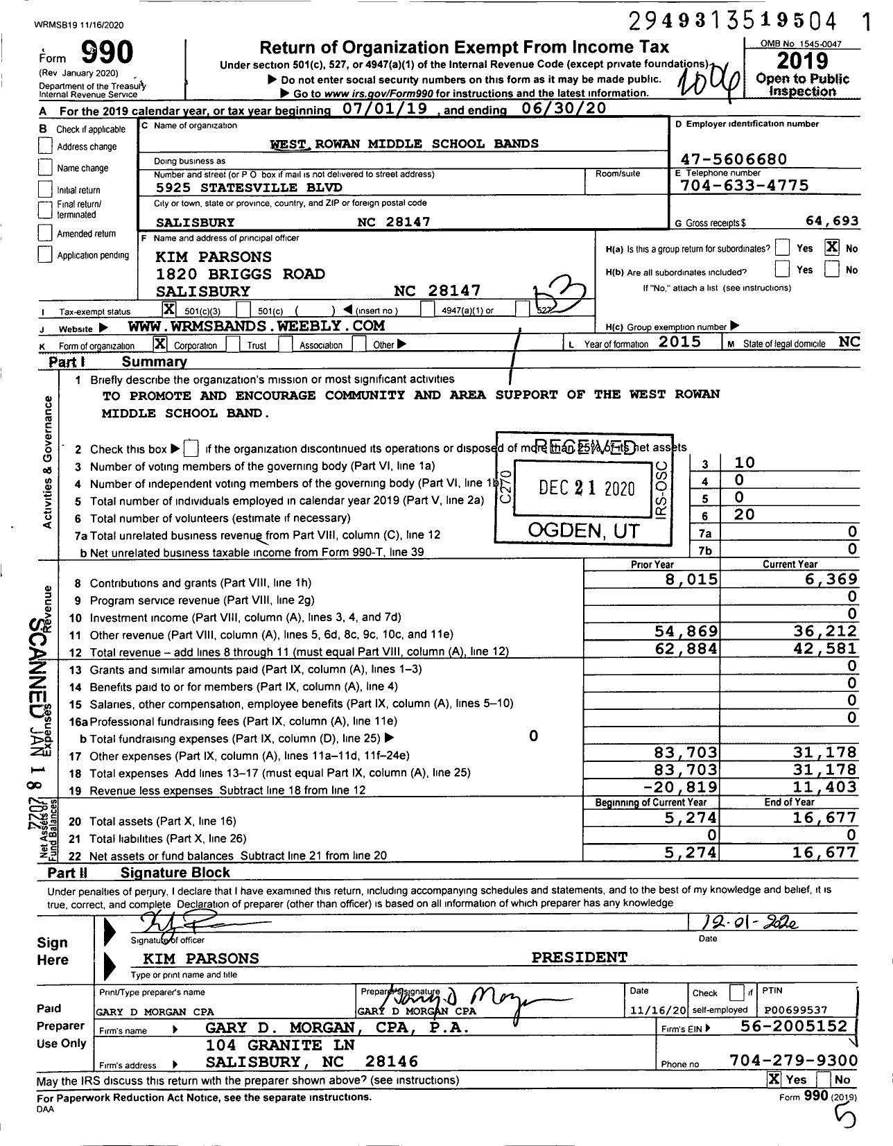 Image of first page of 2019 Form 990 for West Rowan Middle School Bands