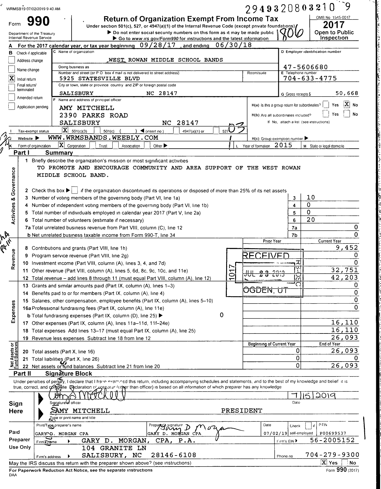 Image of first page of 2017 Form 990 for West Rowan Middle School Bands