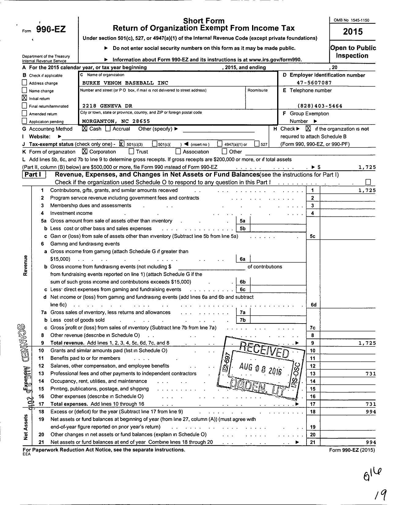 Image of first page of 2015 Form 990EZ for Burke Venom Baseball