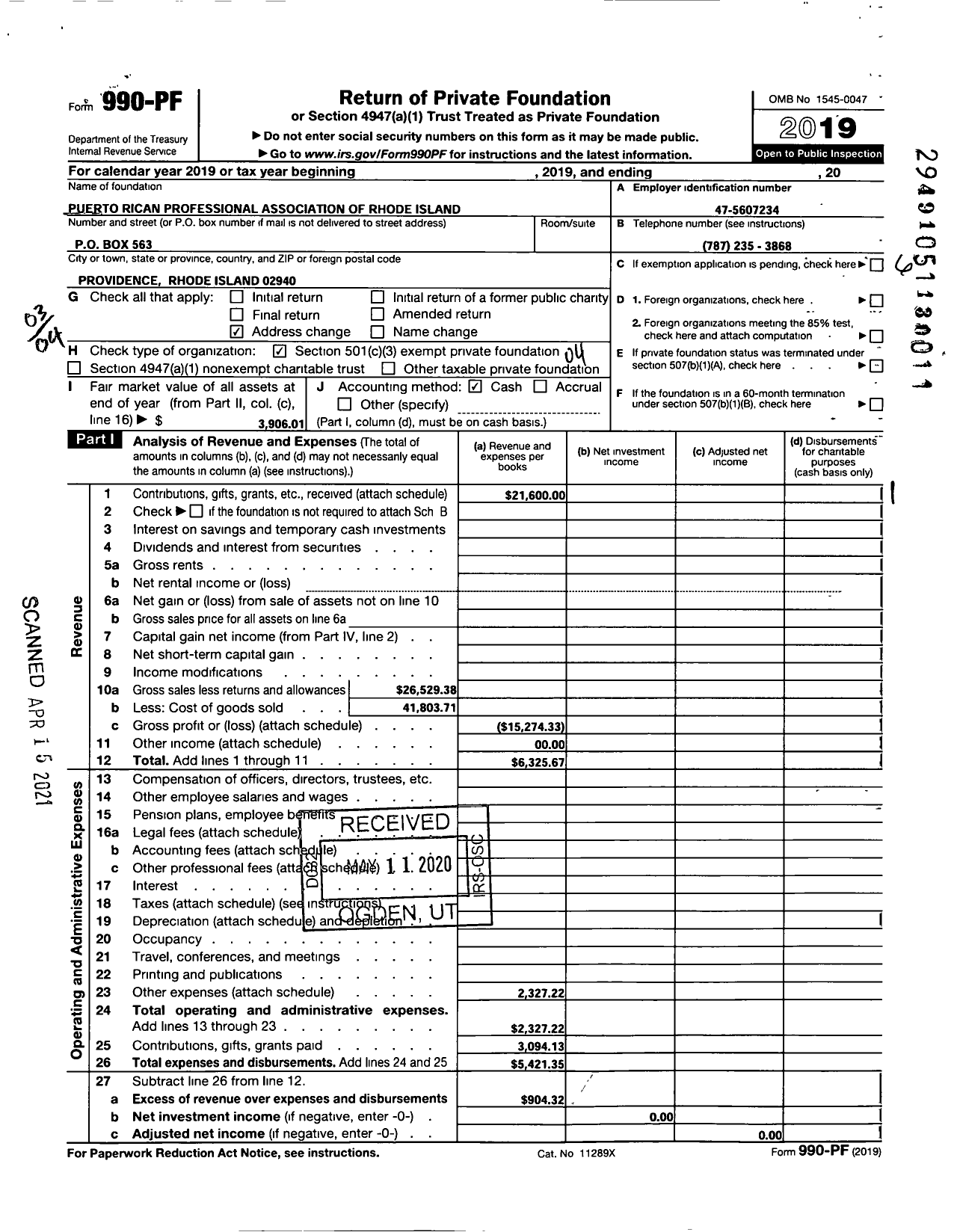 Image of first page of 2019 Form 990PF for Puerto Rican Professional Association of Ri