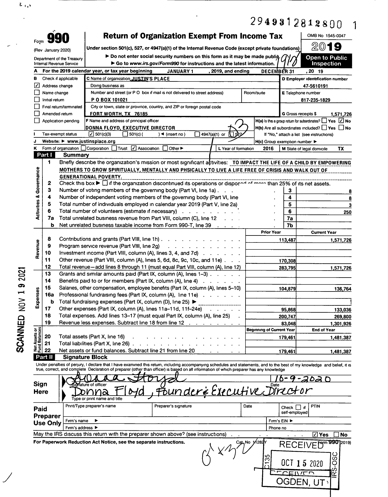 Image of first page of 2019 Form 990 for Justins Place