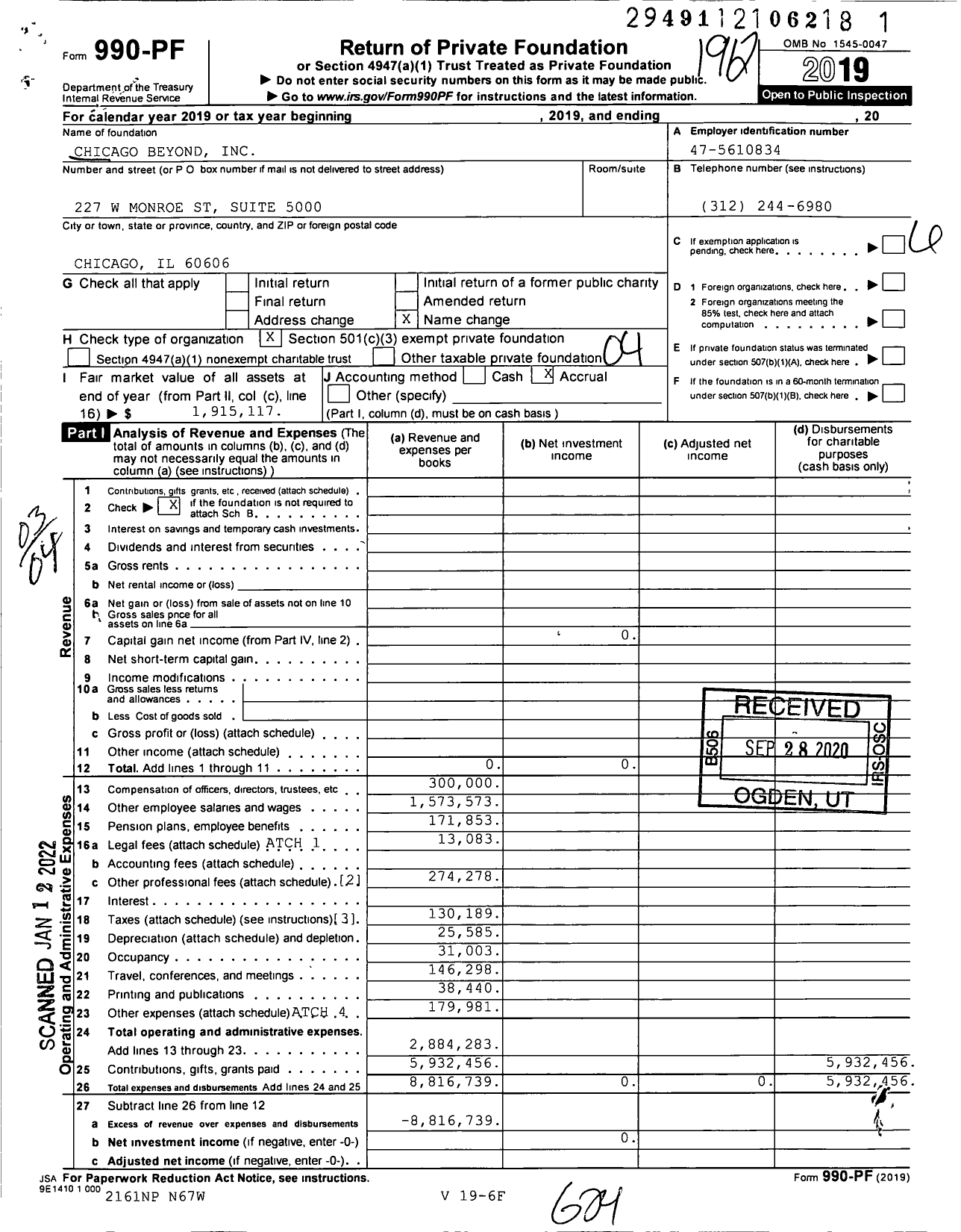 Image of first page of 2019 Form 990PF for Chicagobeyond Beyond