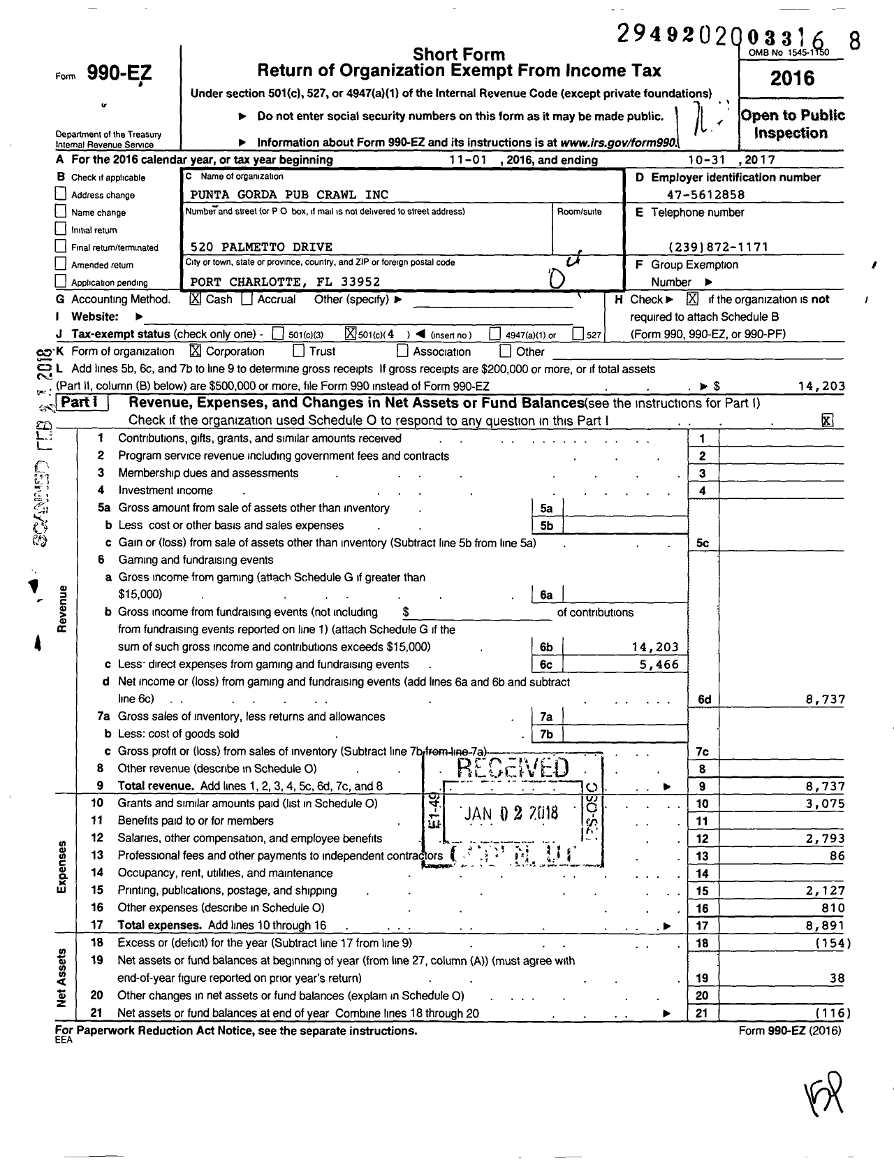 Image of first page of 2016 Form 990EO for Punta Gorda Pub Crawl