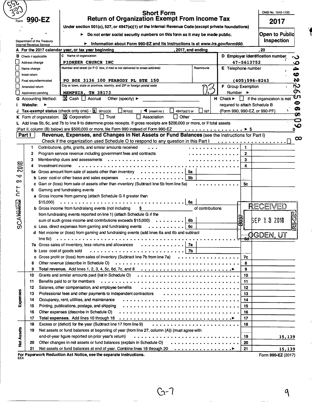 Image of first page of 2017 Form 990EZ for Pioneer Church