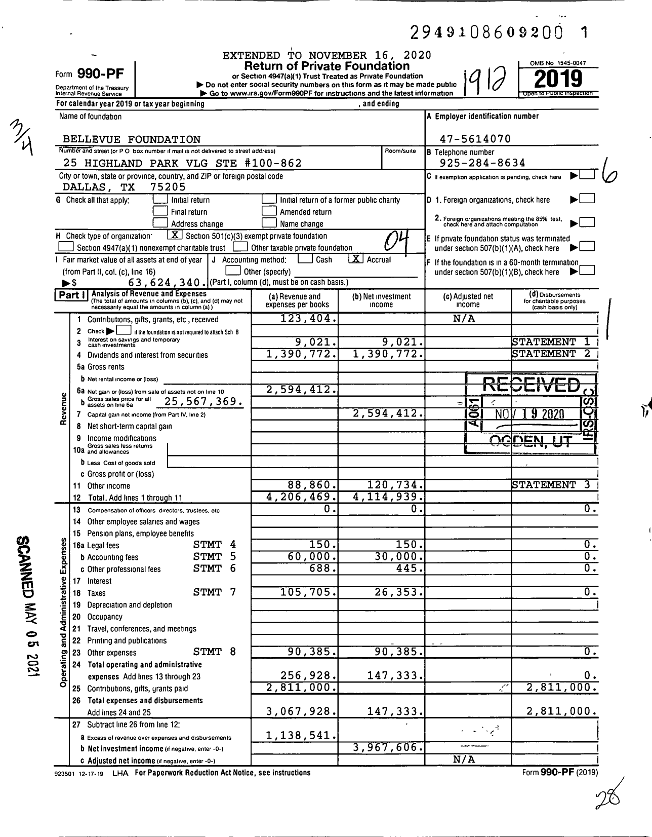 Image of first page of 2019 Form 990PF for Bellevue Foundation