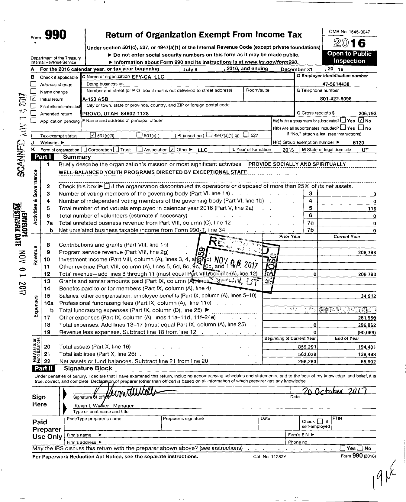 Image of first page of 2016 Form 990 for Efy-Ca LLC