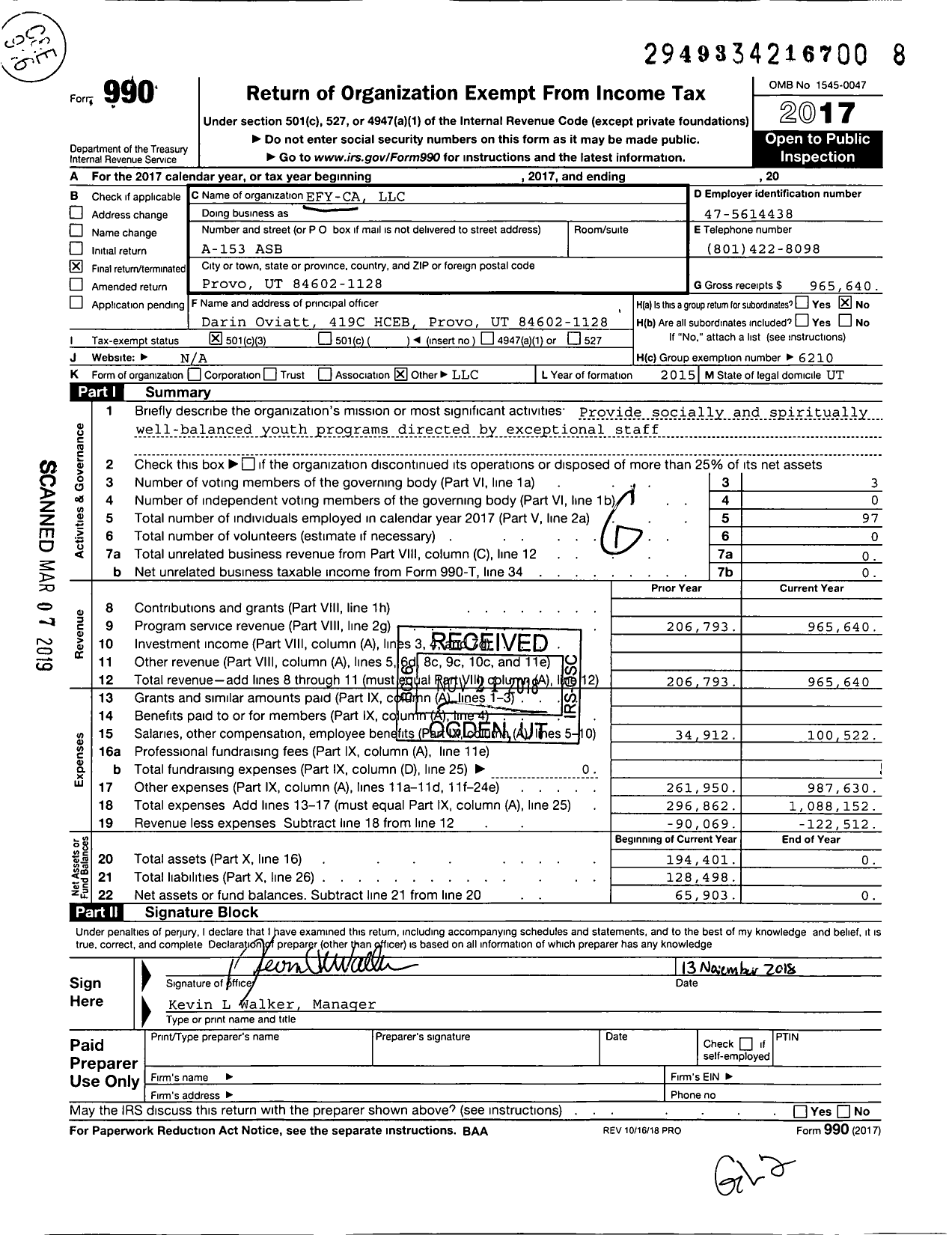 Image of first page of 2017 Form 990 for Efy-Ca LLC