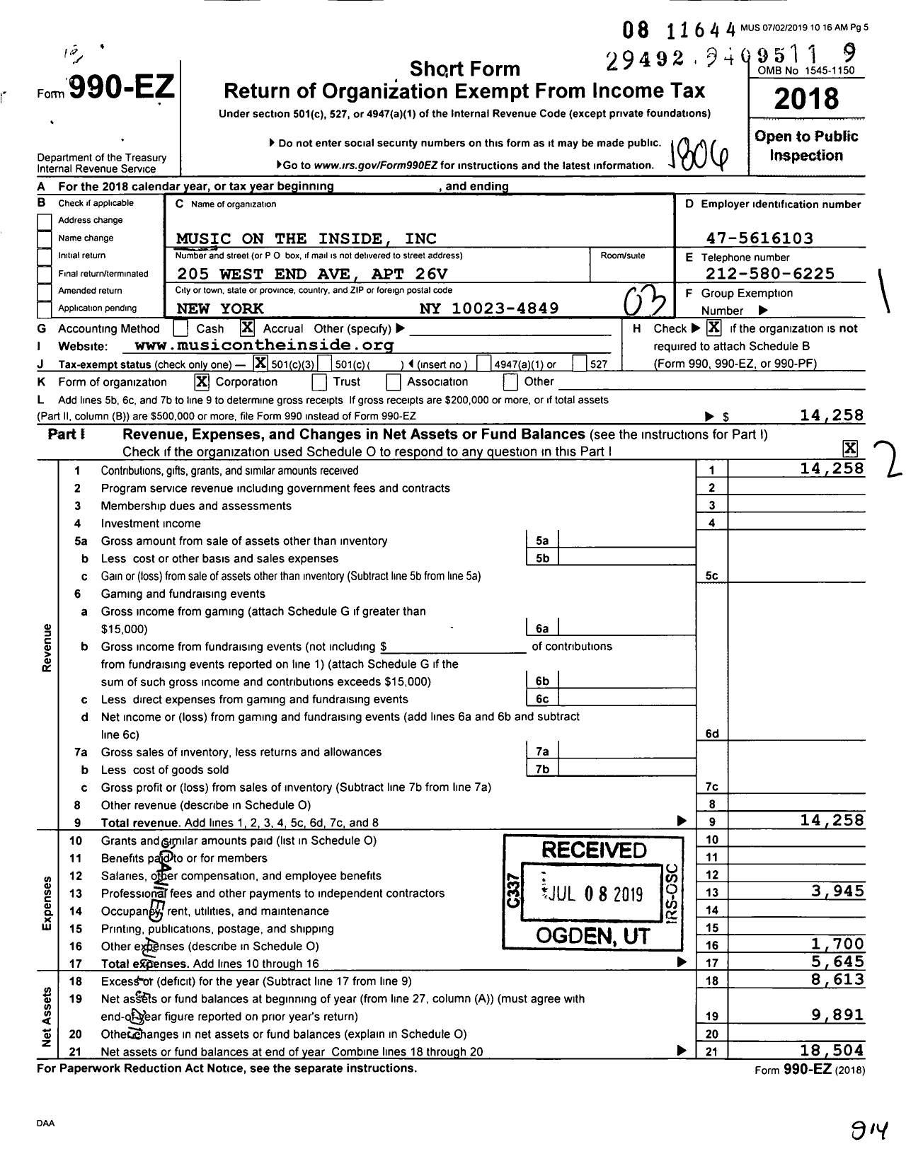 Image of first page of 2017 Form 990EZ for Music on the Inside