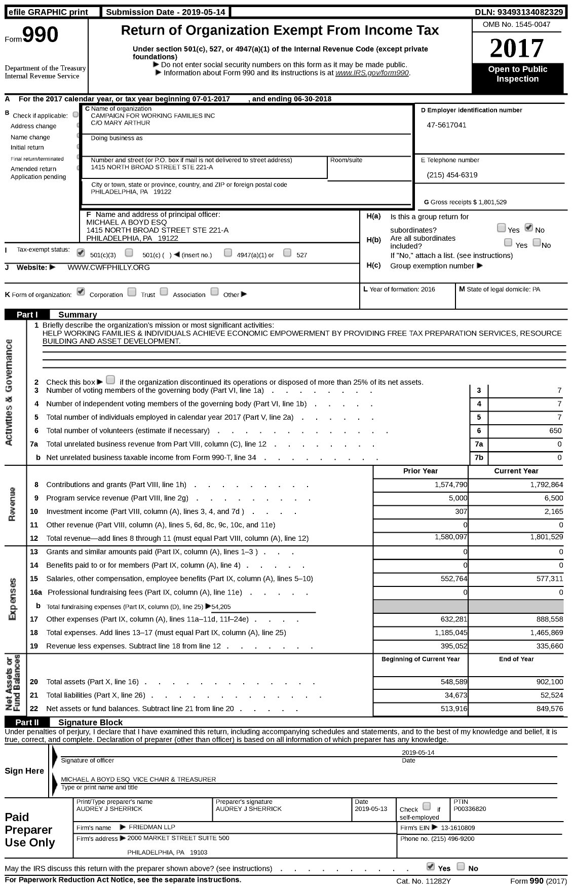 Image of first page of 2017 Form 990 for Campaign for Working Families