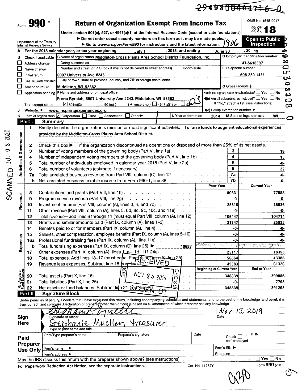 Image of first page of 2018 Form 990 for Middleton-Cross Plains Area School District Foundation