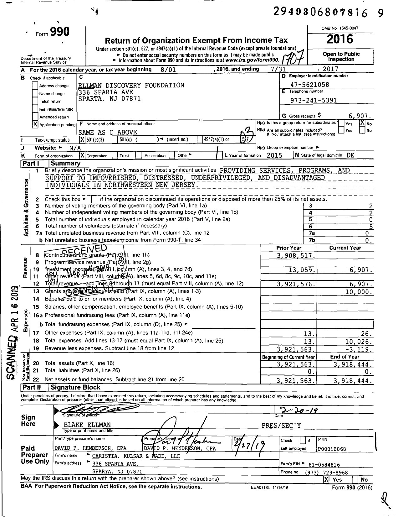 Image of first page of 2016 Form 990 for Ellman Discovery Foundation