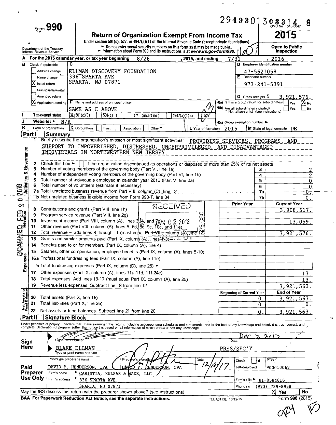 Image of first page of 2015 Form 990 for Ellman Discovery Foundation