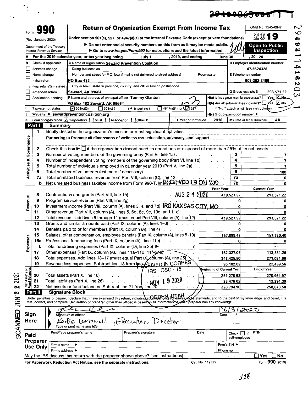 Image of first page of 2019 Form 990 for Seward Prevention Coalition