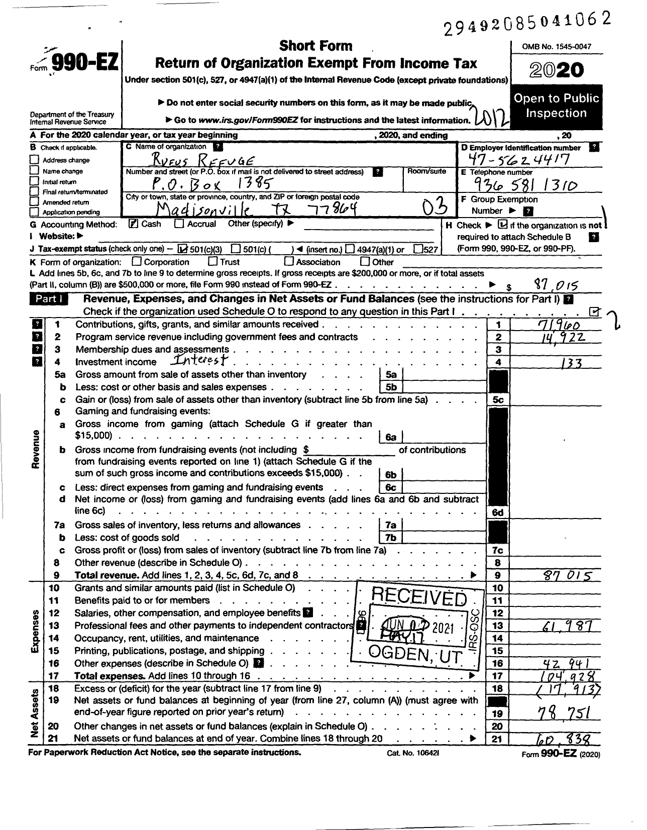 Image of first page of 2020 Form 990EZ for Rufus Refuge