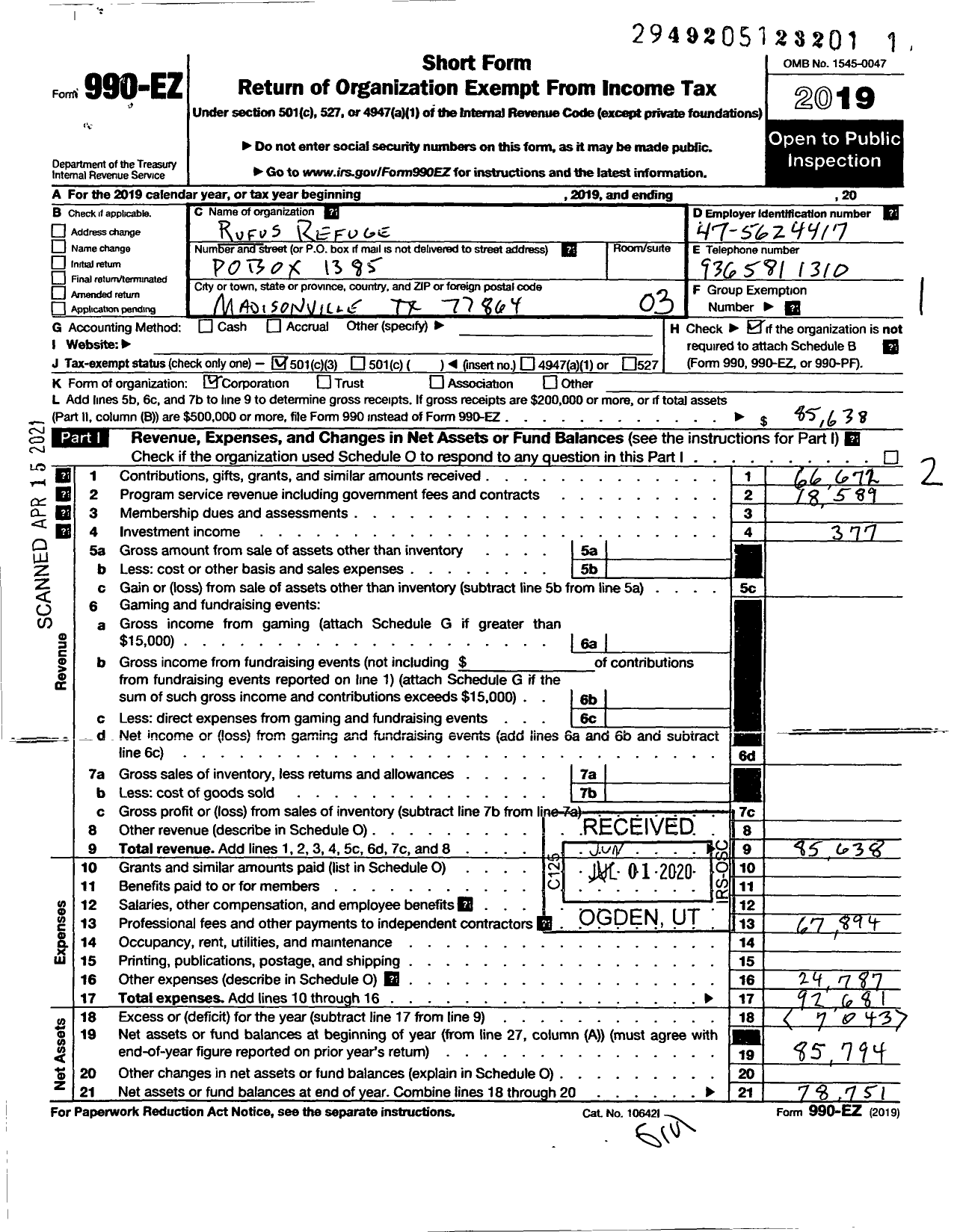 Image of first page of 2019 Form 990EZ for Rufus Refuge