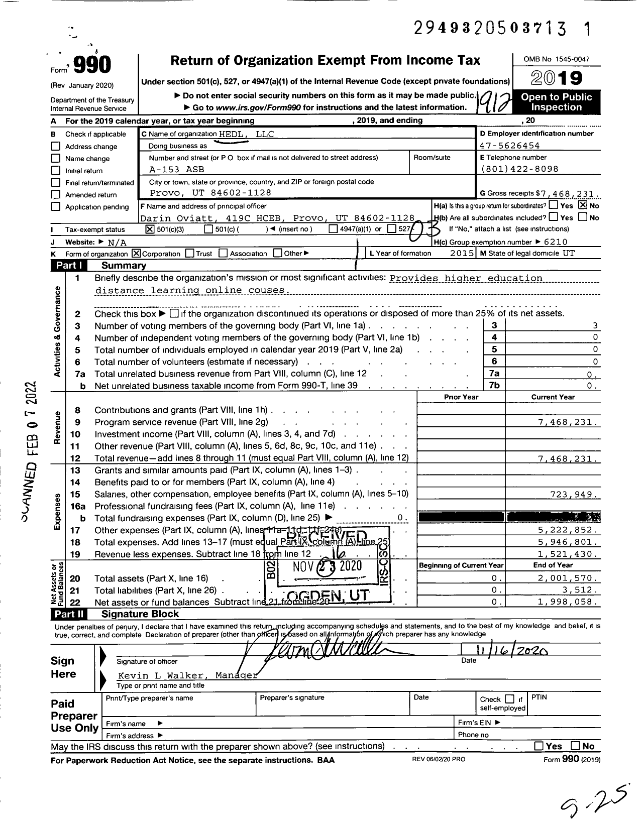 Image of first page of 2019 Form 990 for Hedl LLC