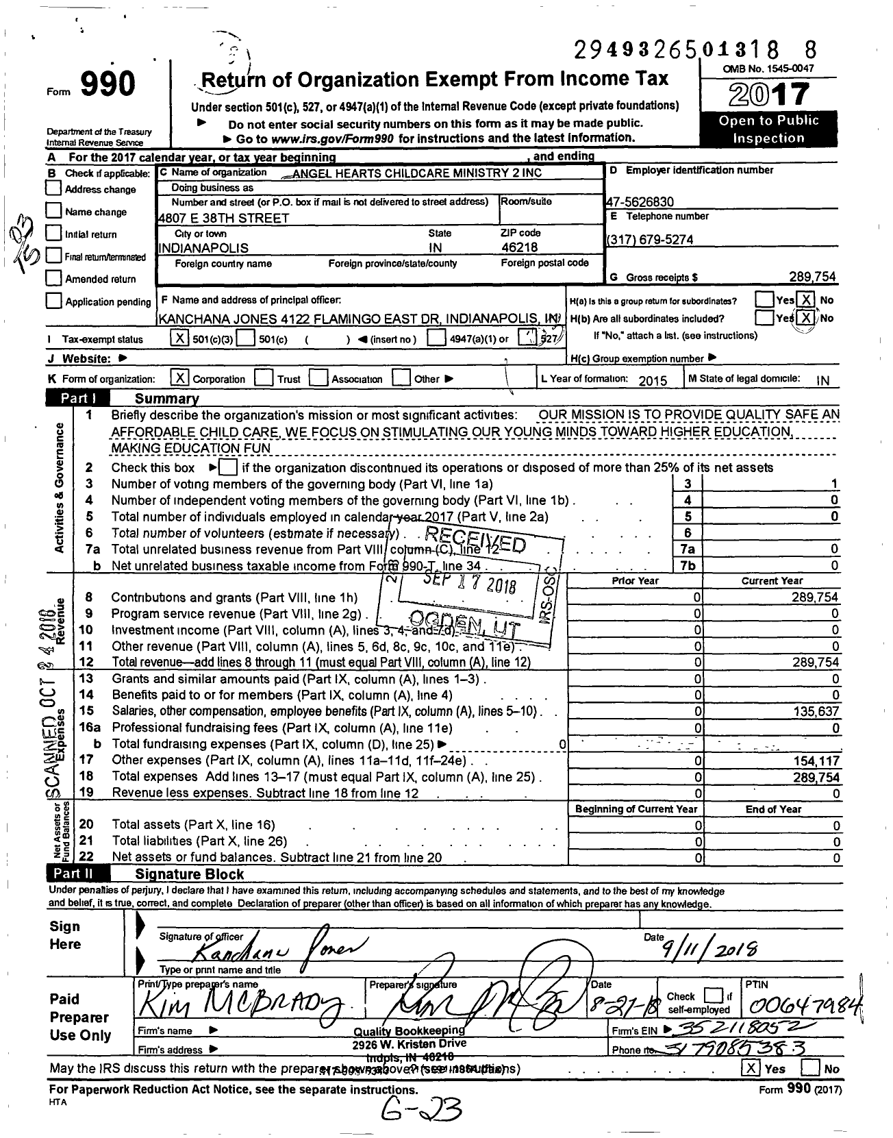 Image of first page of 2017 Form 990 for Angel Hearts Childcare Ministry 2