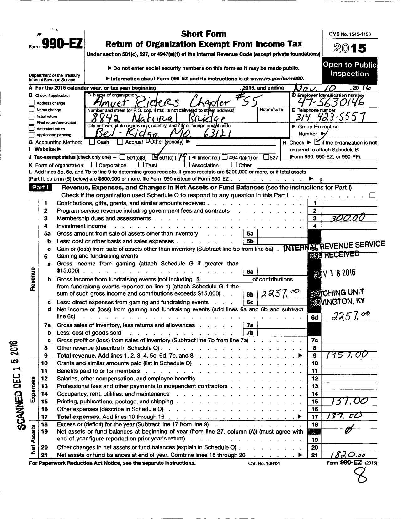 Image of first page of 2015 Form 990EO for Amvets - 55 Mo