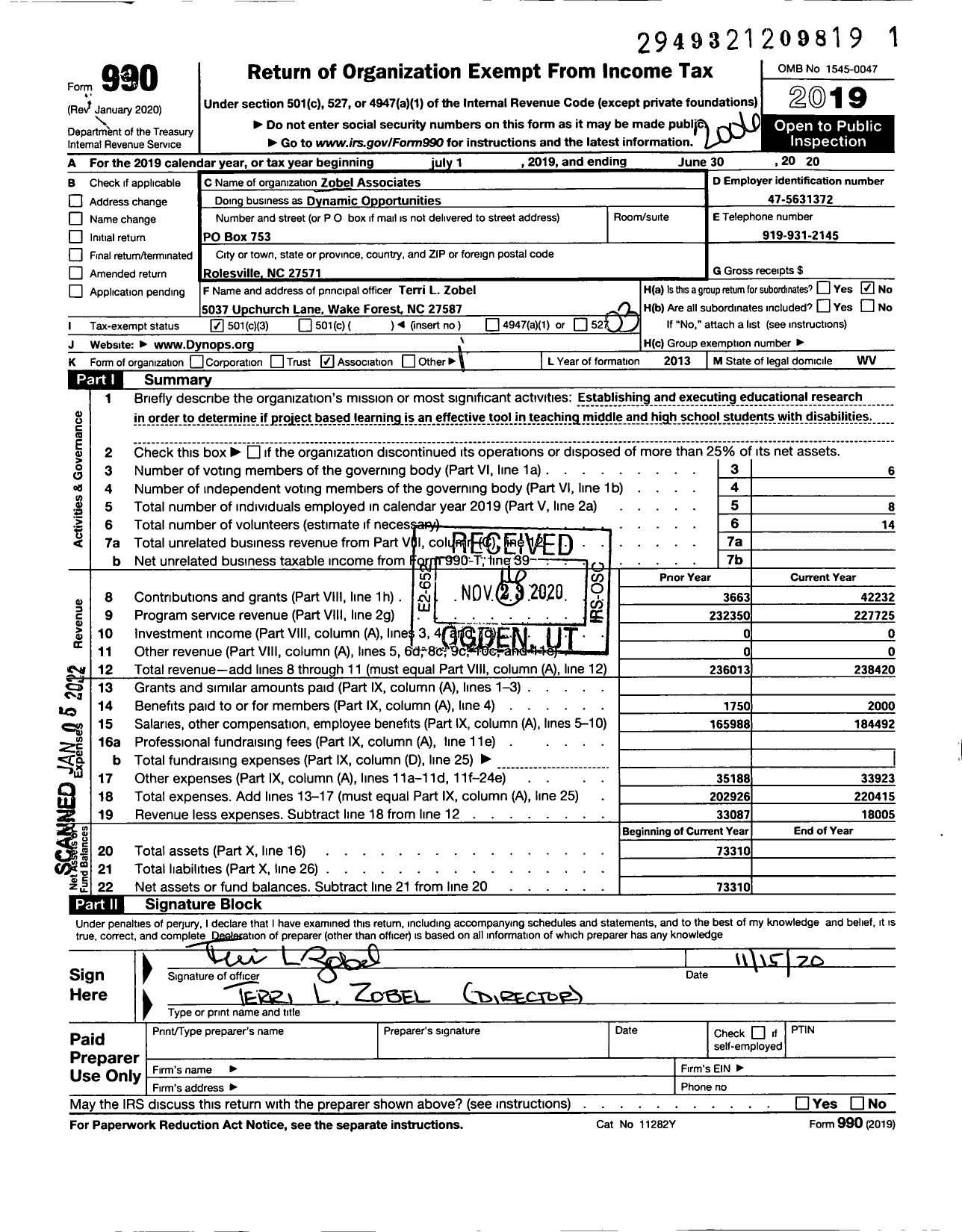 Image of first page of 2019 Form 990 for Zobel Associates Dynamic Opportunities