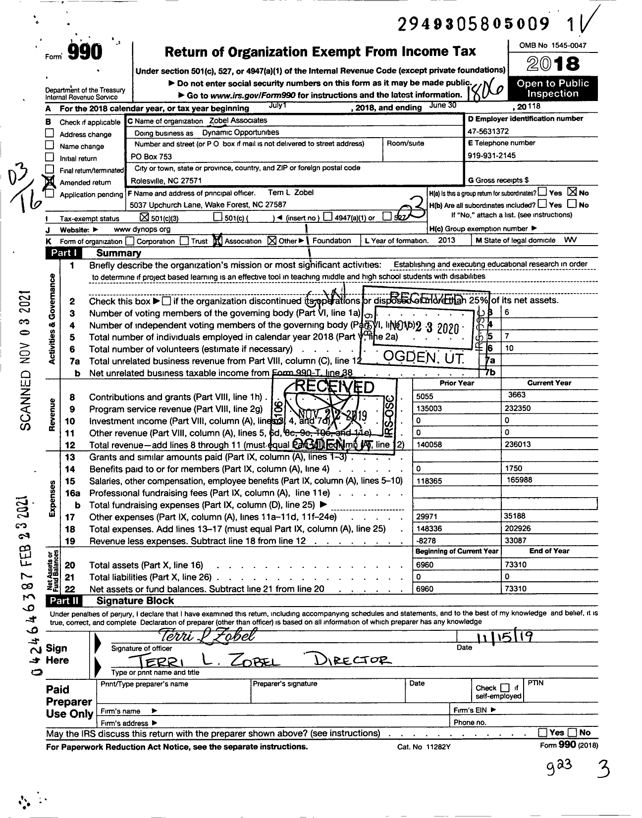 Image of first page of 2017 Form 990 for Zobel Associates Dynamic Opportunities