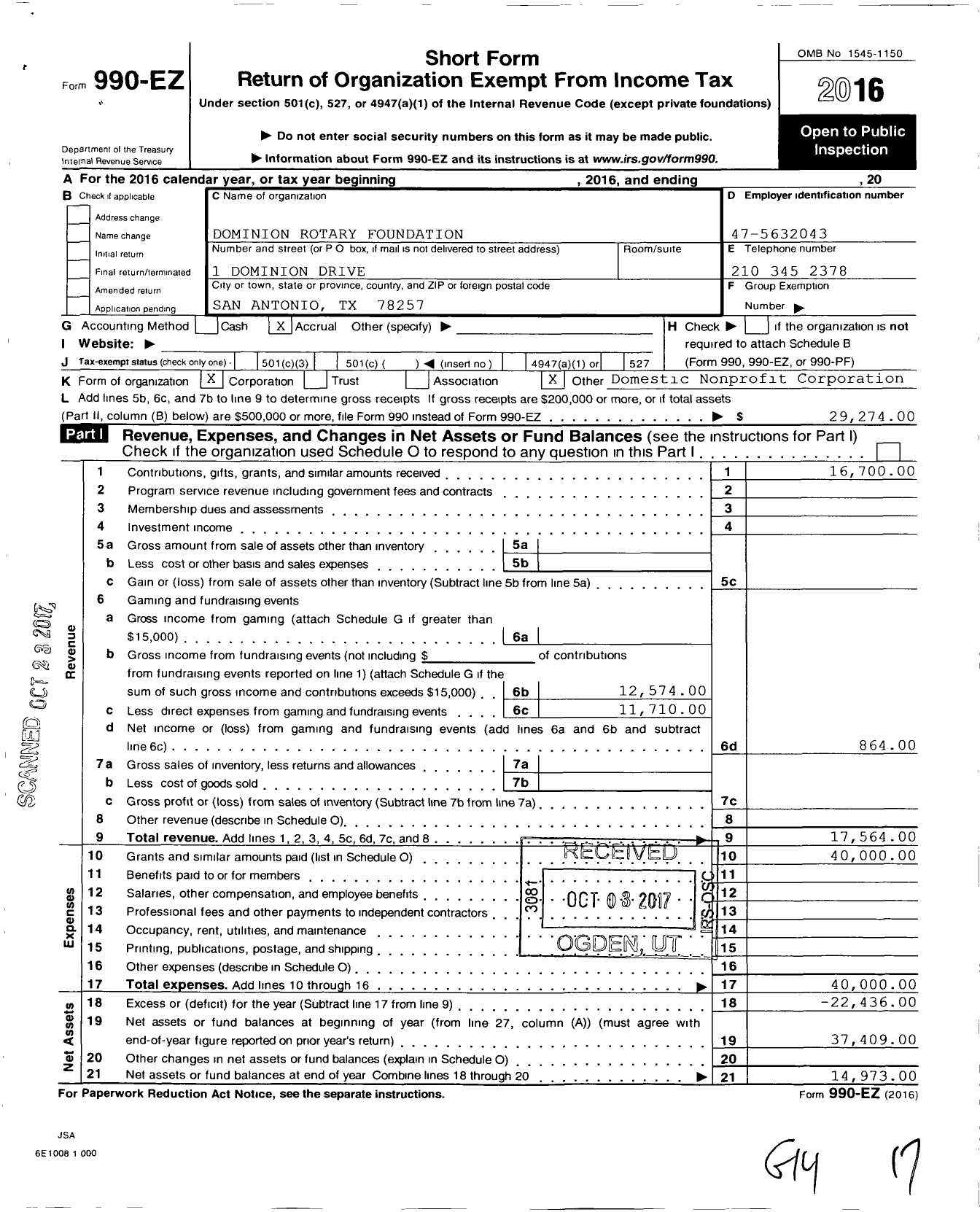 Image of first page of 2016 Form 990EO for Dominion Rotary Foundation