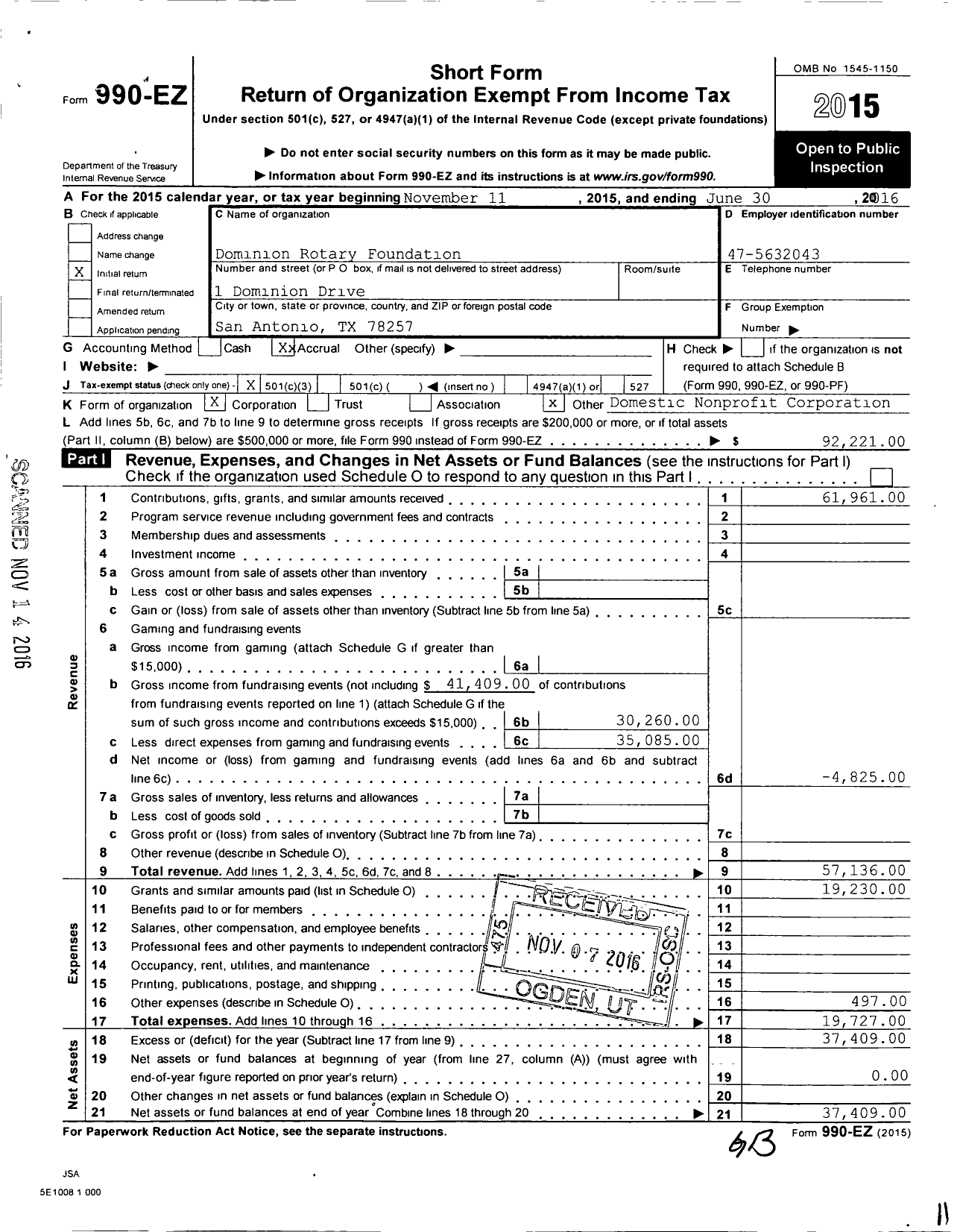 Image of first page of 2015 Form 990EZ for Dominion Rotary Foundation