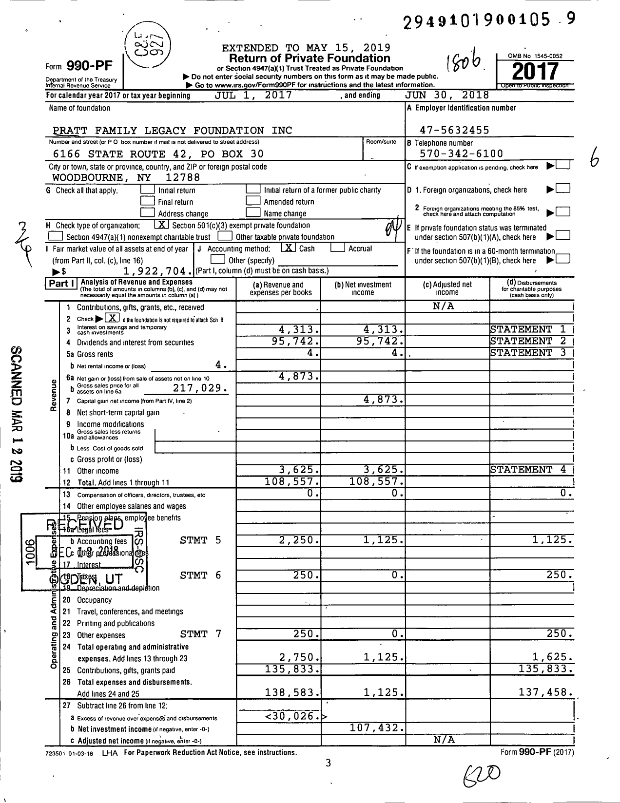 Image of first page of 2017 Form 990PF for Pratt Family Legacy Foundation