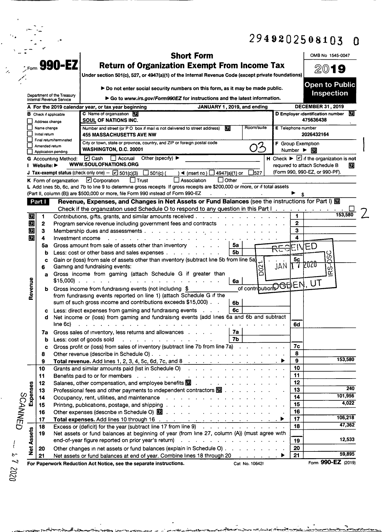 Image of first page of 2019 Form 990EZ for Soul of Nations