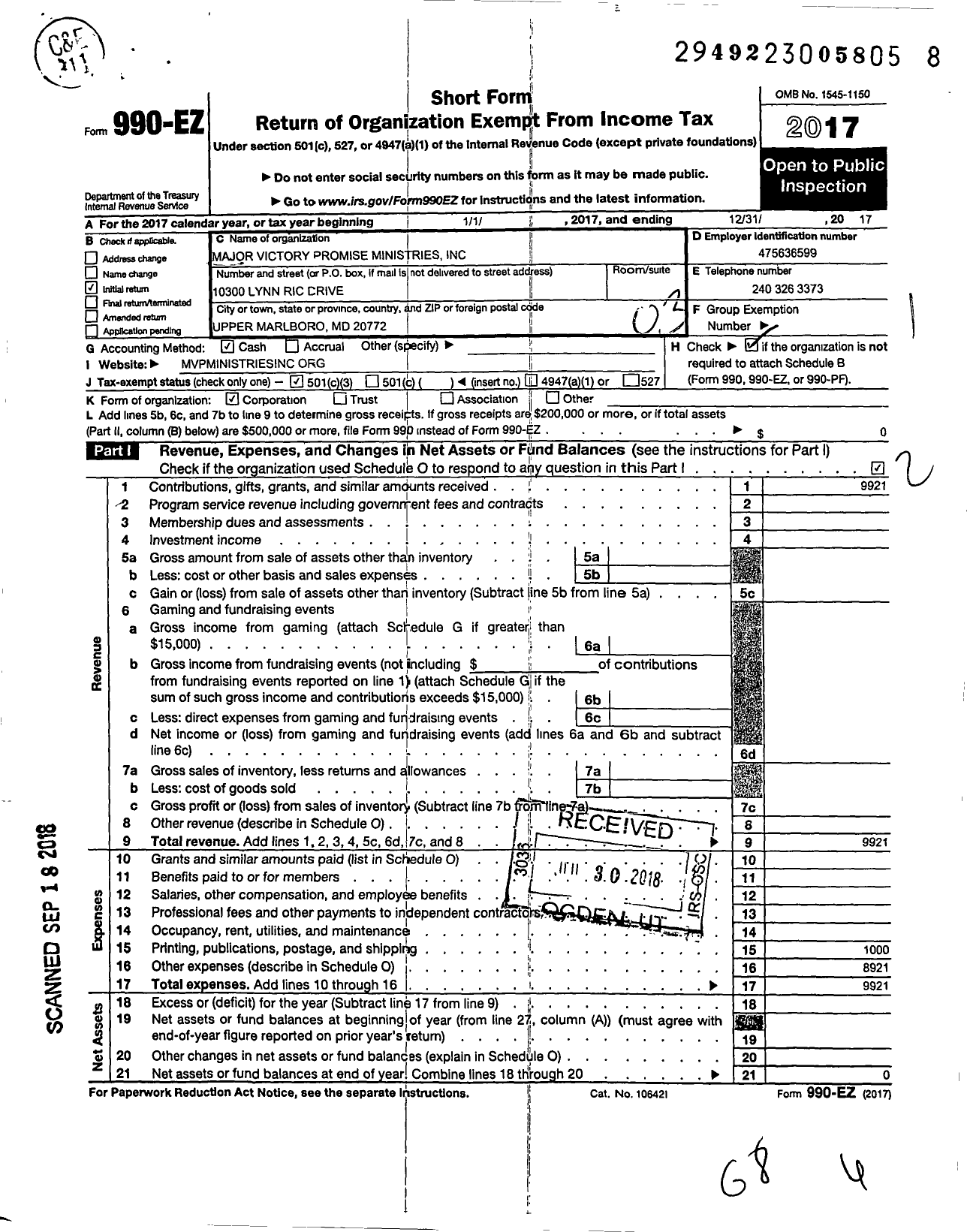 Image of first page of 2017 Form 990EZ for Major Victory Promise International Ministries