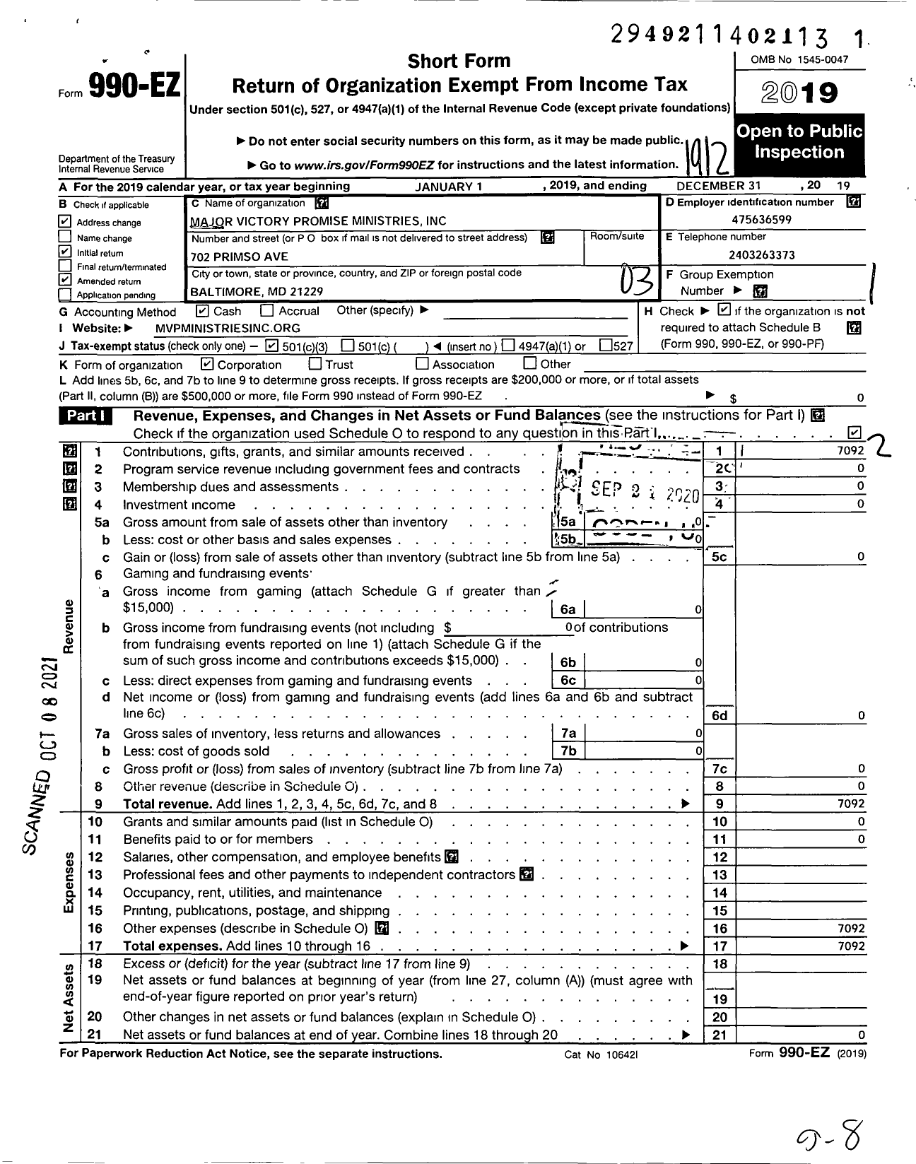 Image of first page of 2019 Form 990EZ for Major Victory Promise International Ministries