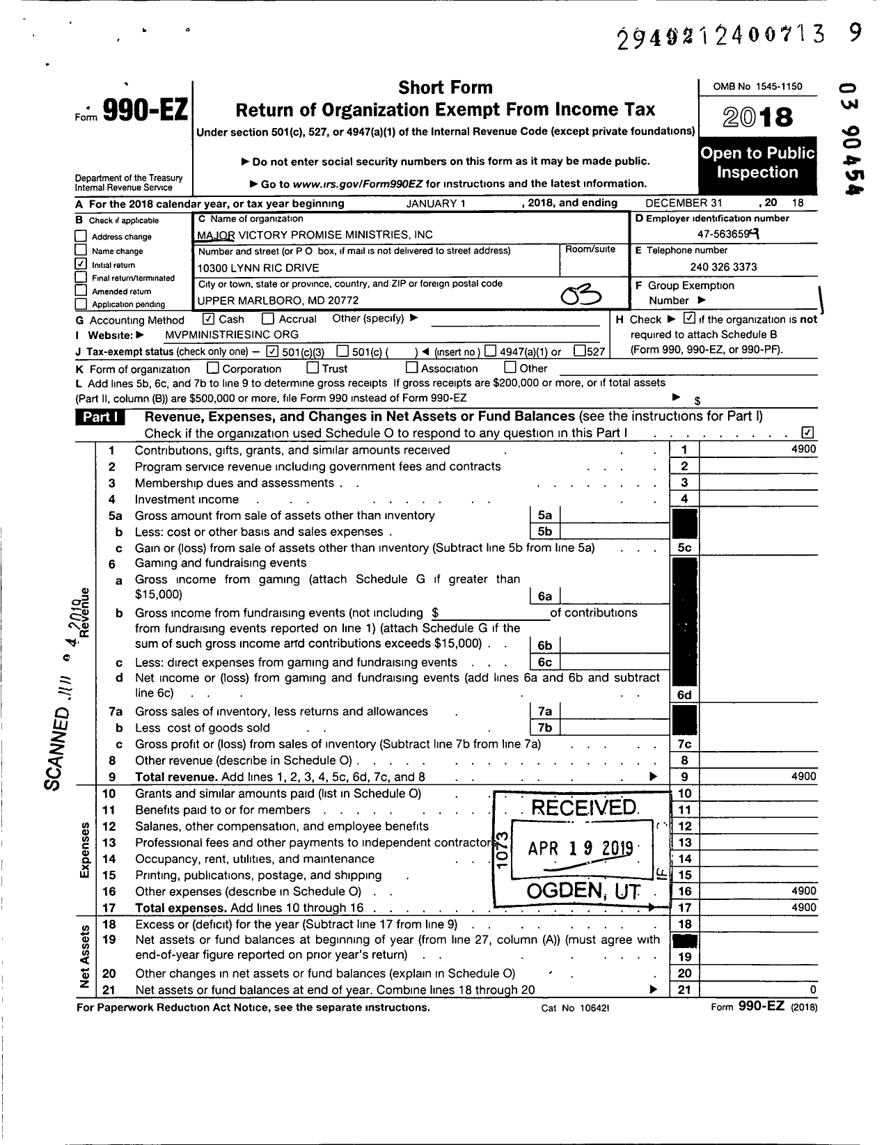 Image of first page of 2018 Form 990EZ for Major Victory Promise International Ministries