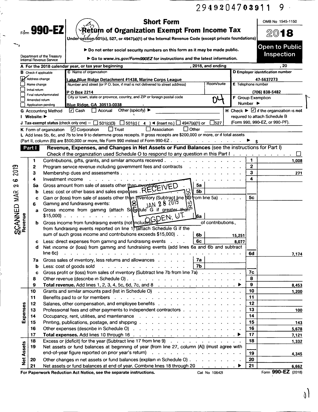 Image of first page of 2018 Form 990EO for Marine Corps League - Curtis W Jarrett Paymaster