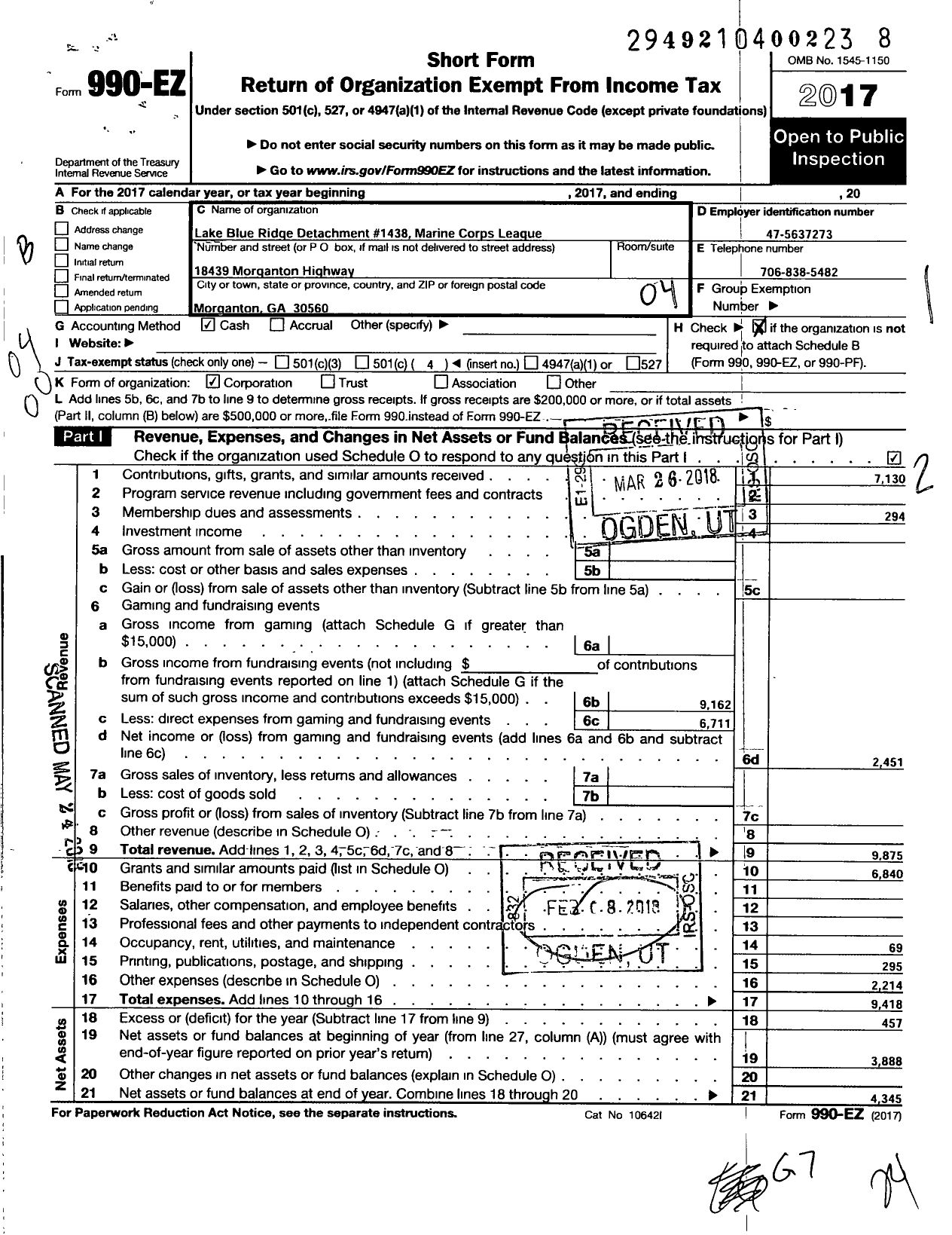 Image of first page of 2017 Form 990EO for Marine Corps League - Curtis W Jarrett Paymaster