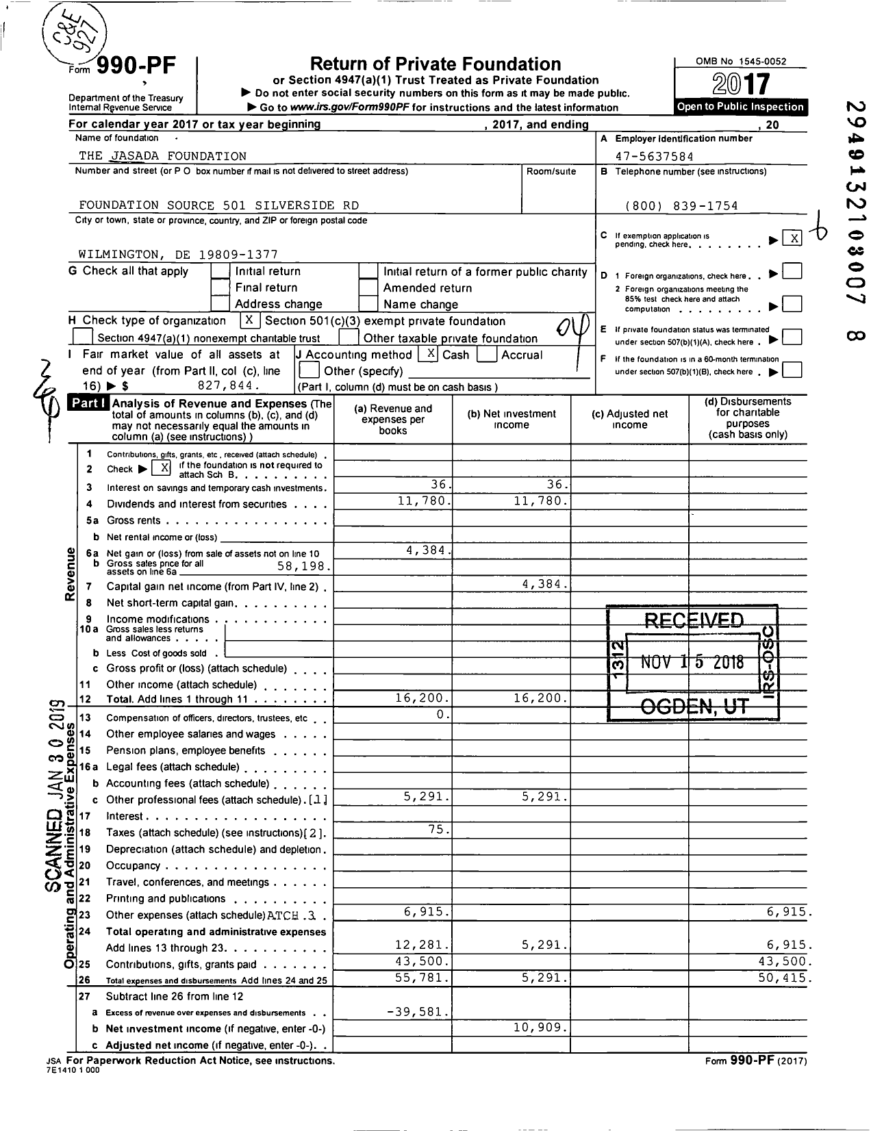 Image of first page of 2017 Form 990PF for The Jasada Foundation