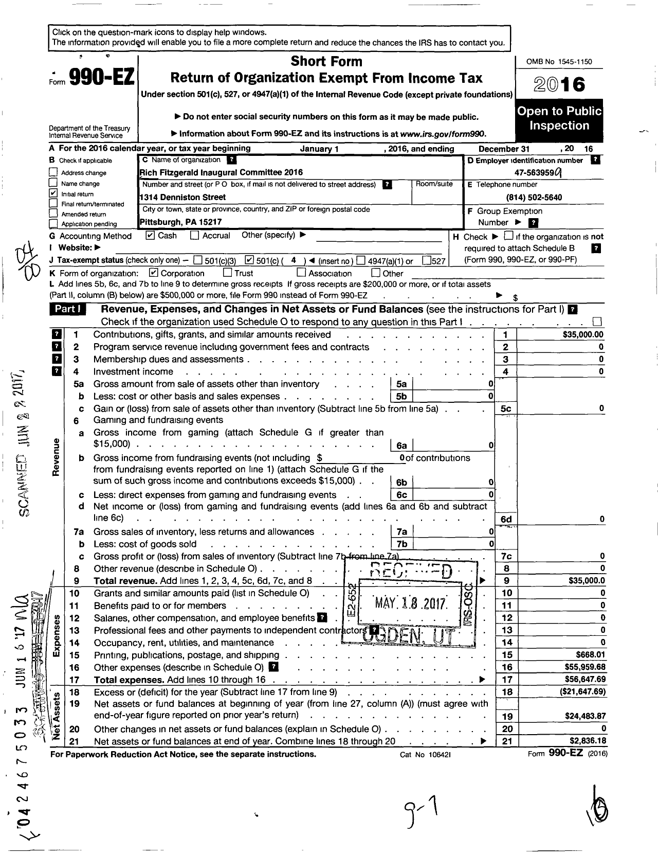 Image of first page of 2016 Form 990EO for Rich Fitzgerald Inaugural Committee 2016