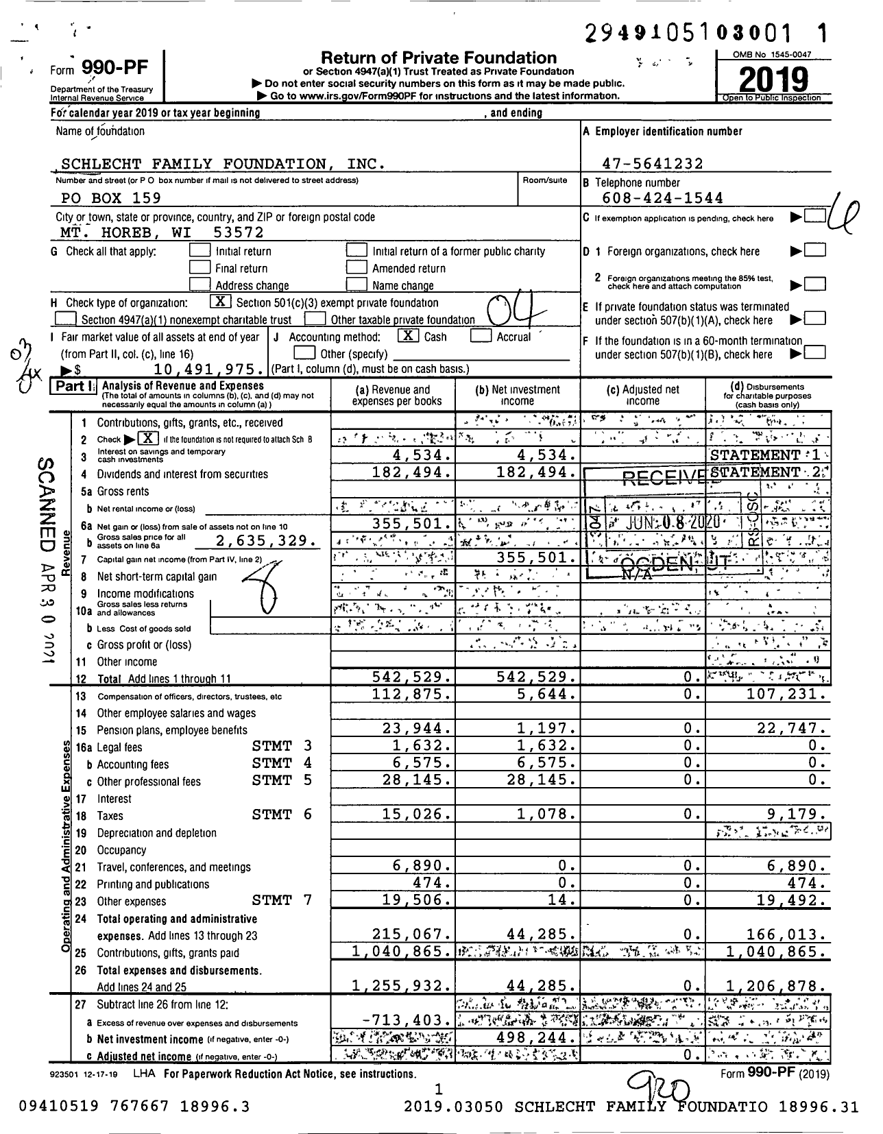 Image of first page of 2019 Form 990PF for Schlecht Family Foundation