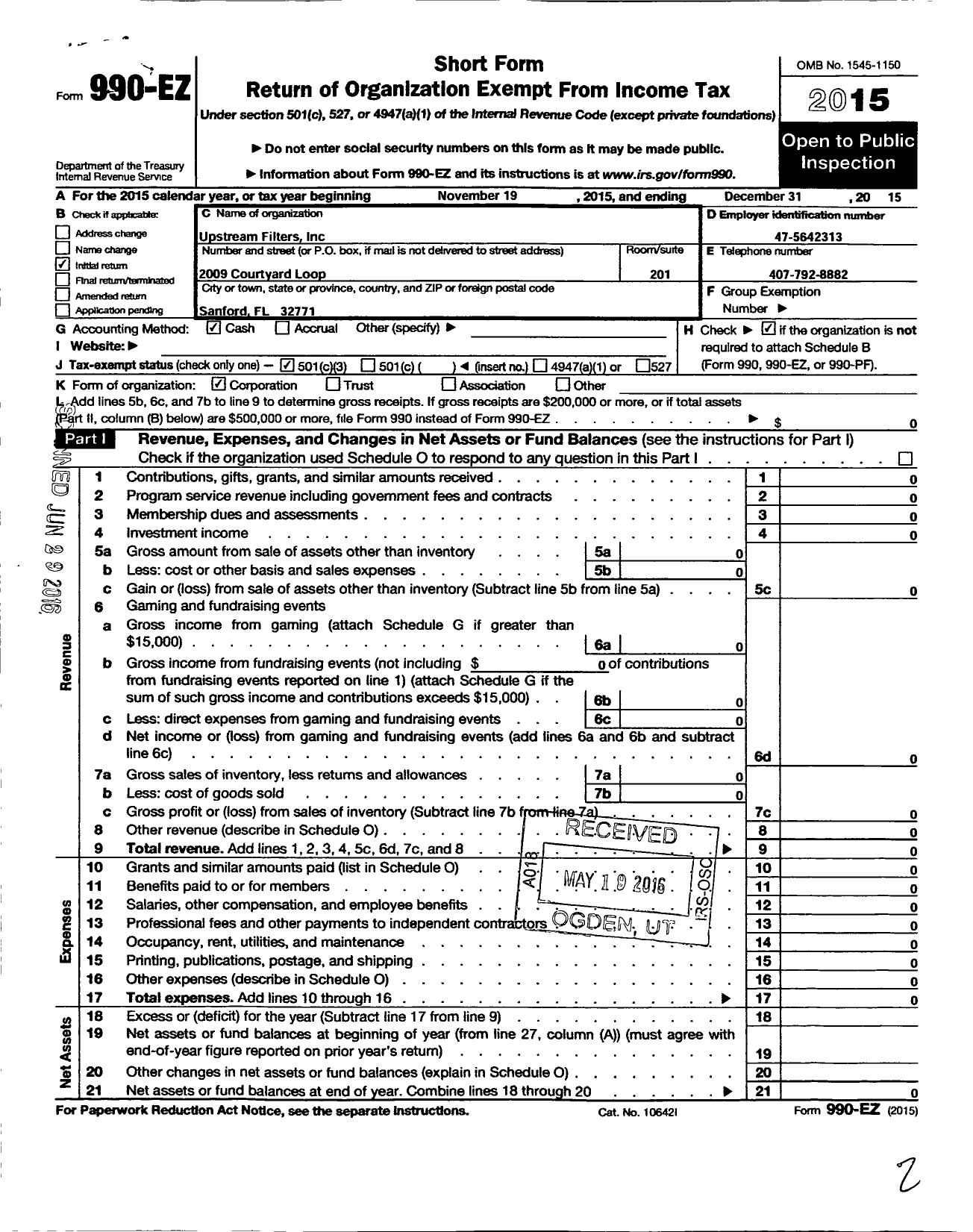 Image of first page of 2015 Form 990EZ for Upstream Filters