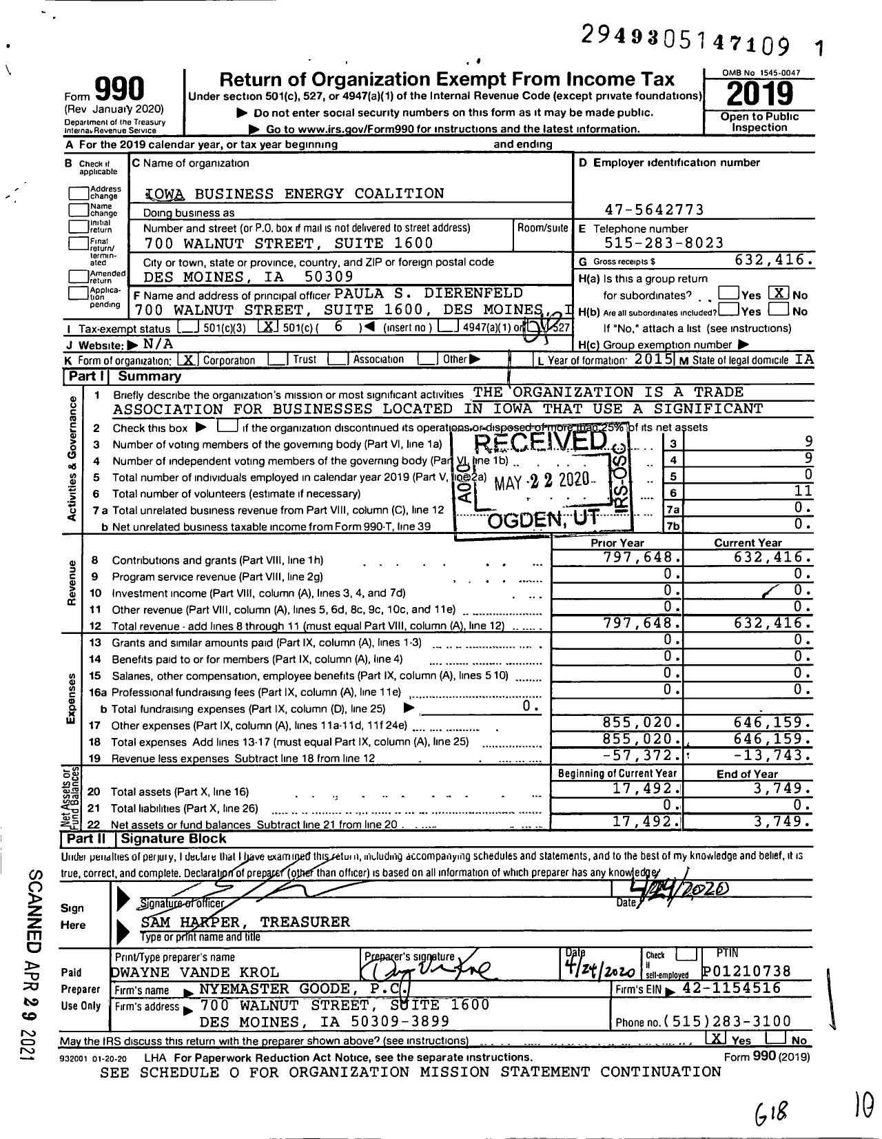 Image of first page of 2019 Form 990O for Iowa Business Energy Coalition