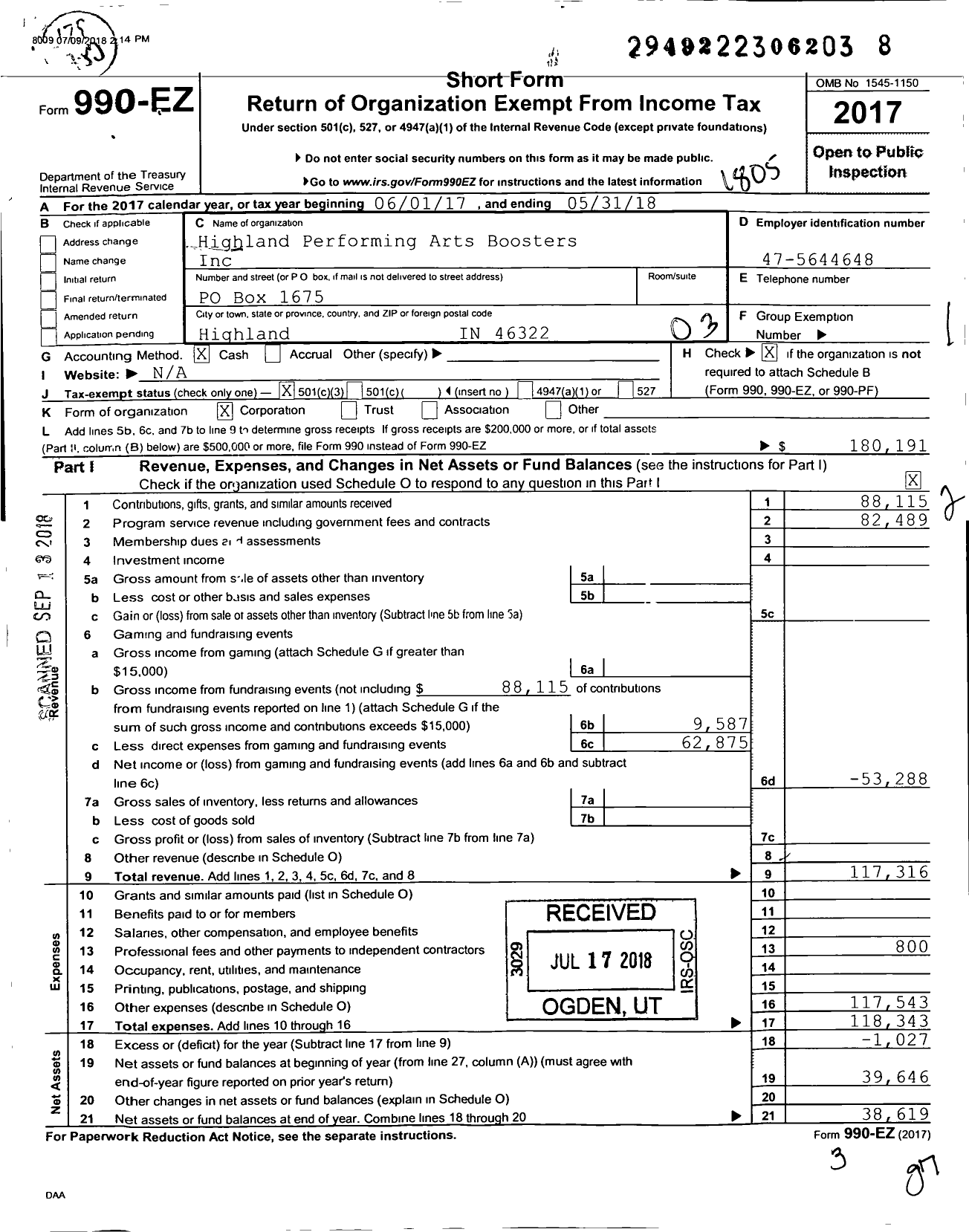 Image of first page of 2017 Form 990EZ for Highland Performing Arts Boosters