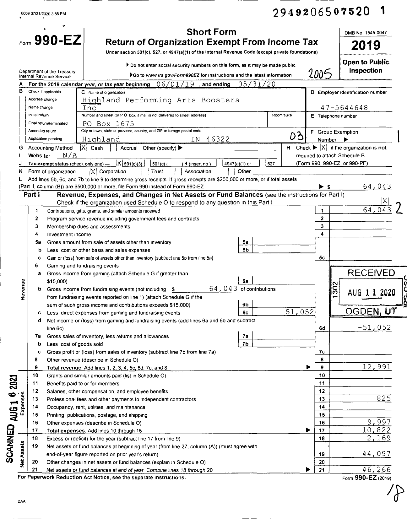 Image of first page of 2019 Form 990EZ for Highland Performing Arts Boosters