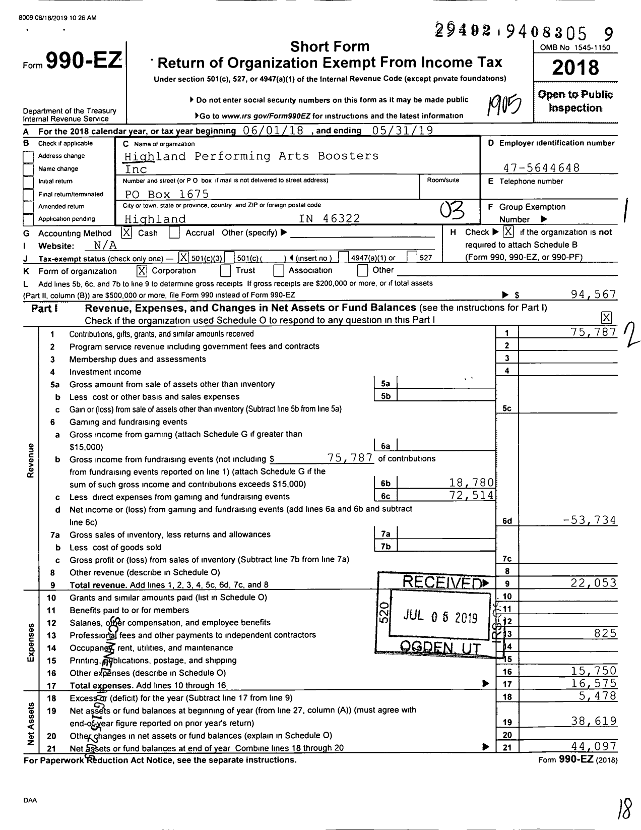 Image of first page of 2018 Form 990EZ for Highland Performing Arts Boosters