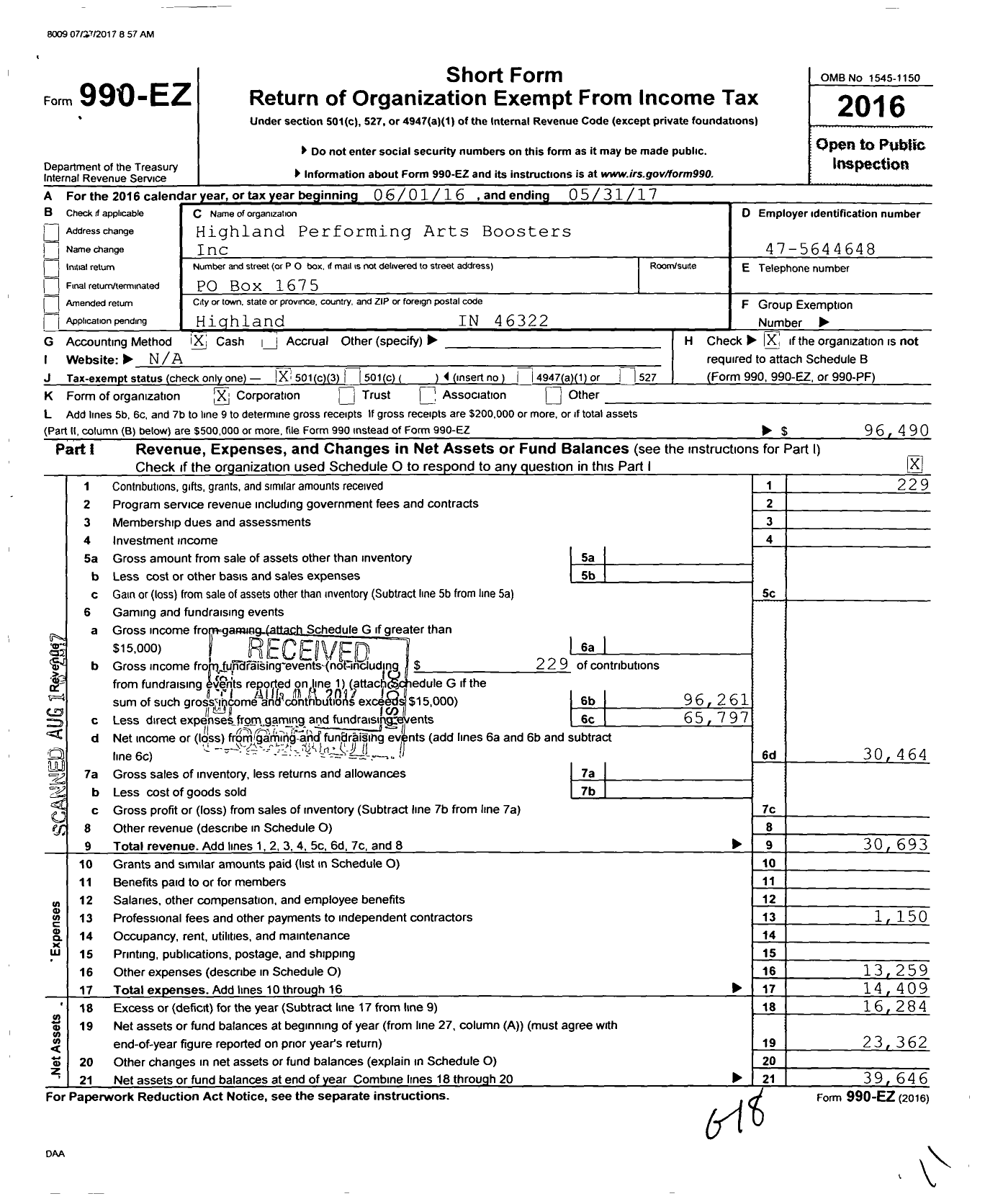 Image of first page of 2016 Form 990EZ for Highland Performing Arts Boosters