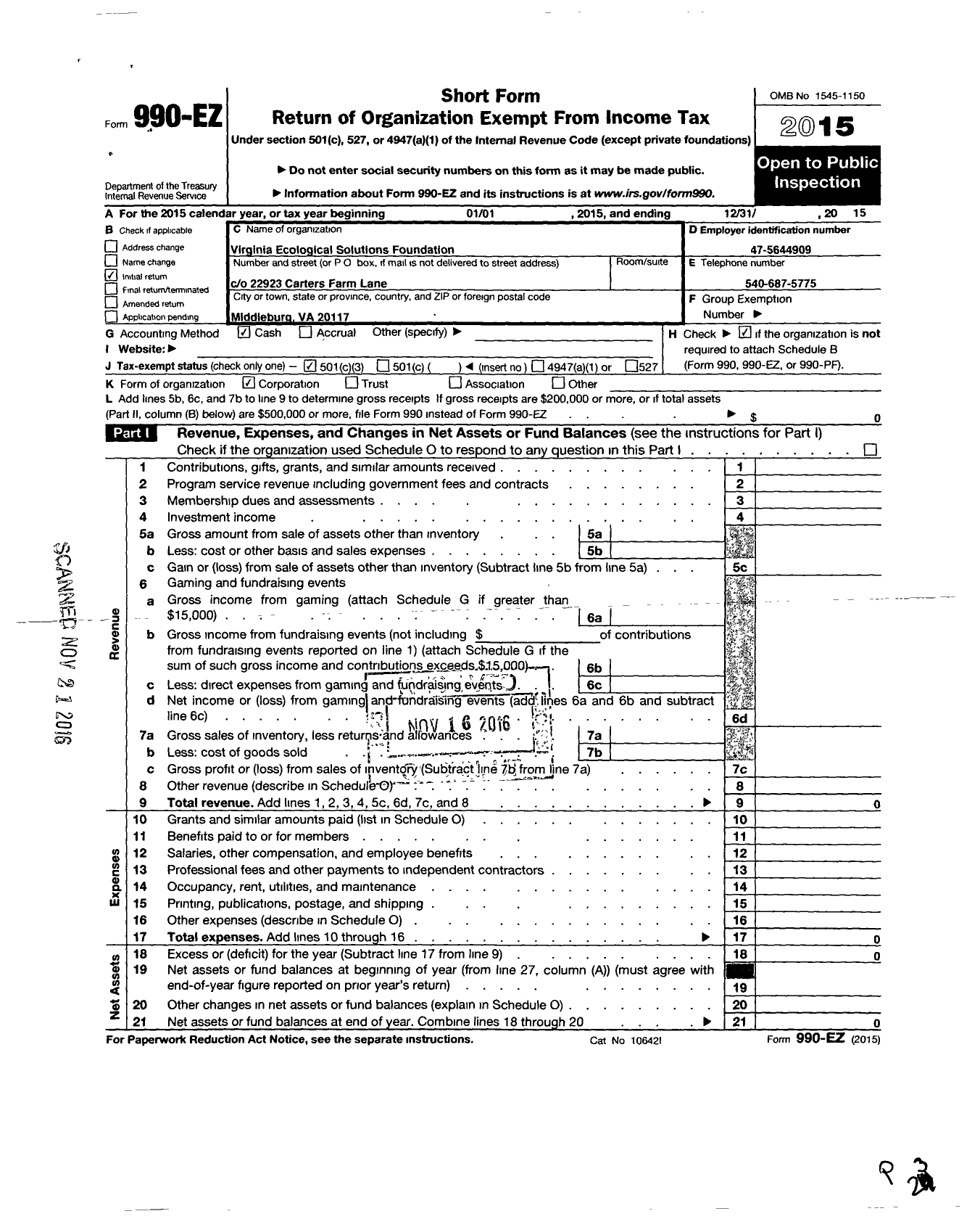 Image of first page of 2015 Form 990EZ for Virginia Ecological Solutions Foundation